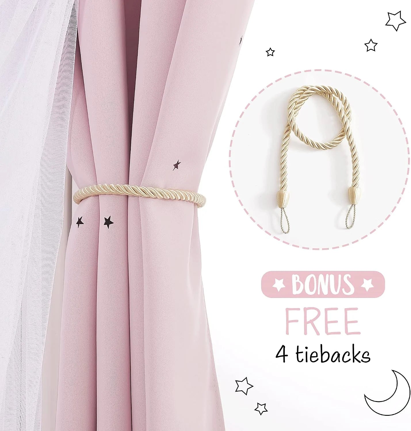 Pink star-print kids curtain with sheer panel and cream rope tieback
