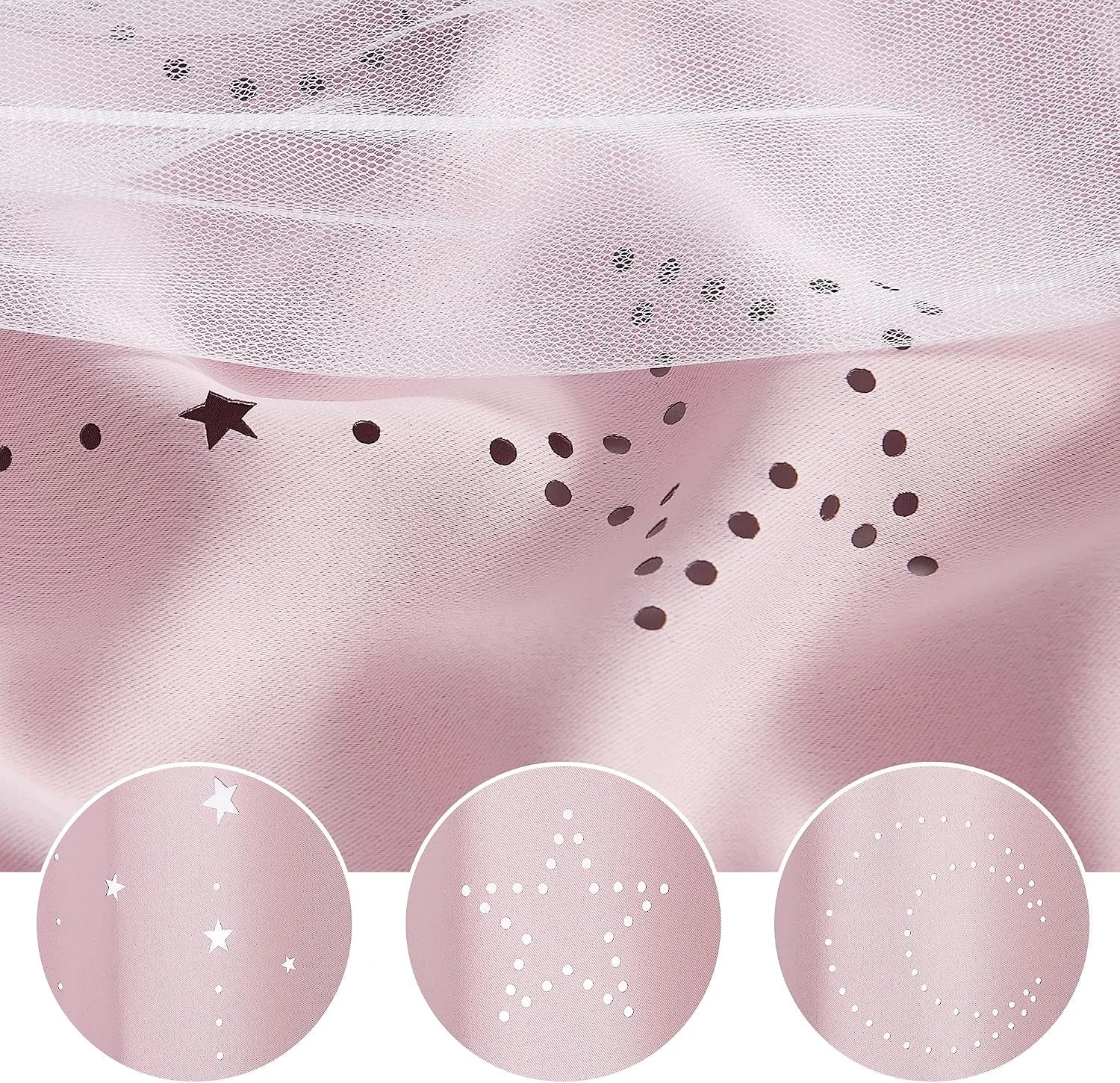 Pink fabric canopy with white mesh overlay and star, dot, and moon cutout pattern