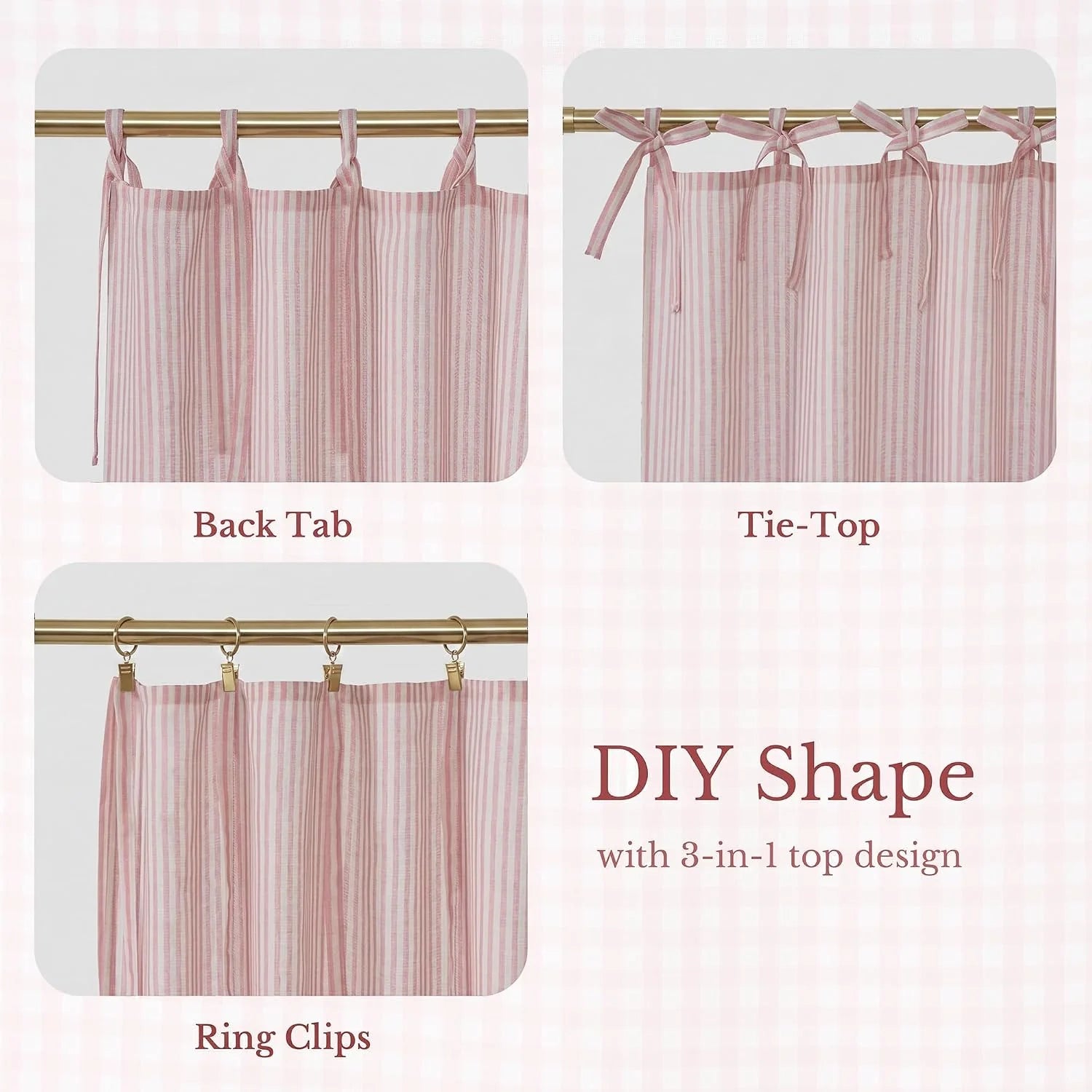 Pink striped curtains displayed with back tab, tie-top, and ring clip hanging styles on a gold rod.