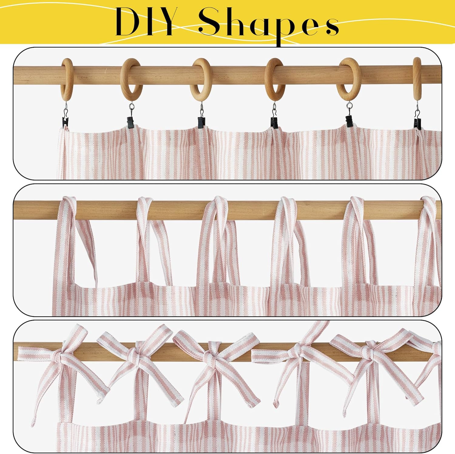 Pink and white striped tie-top curtains show three hanging styles: clip rings, loose loops, and tied bows.