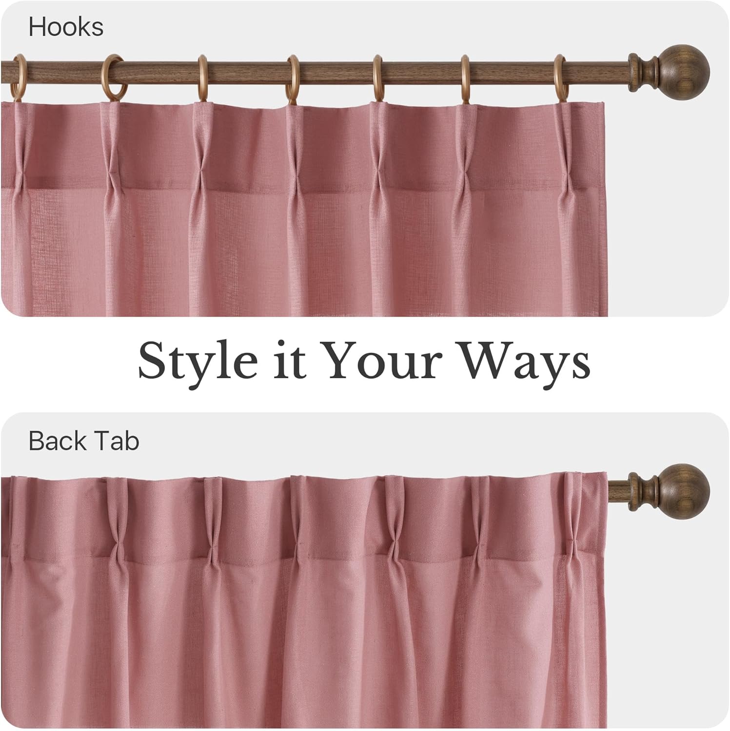 Dusty rose textured linen curtain panel showcasing two hanging styles: hook rings and back tab.