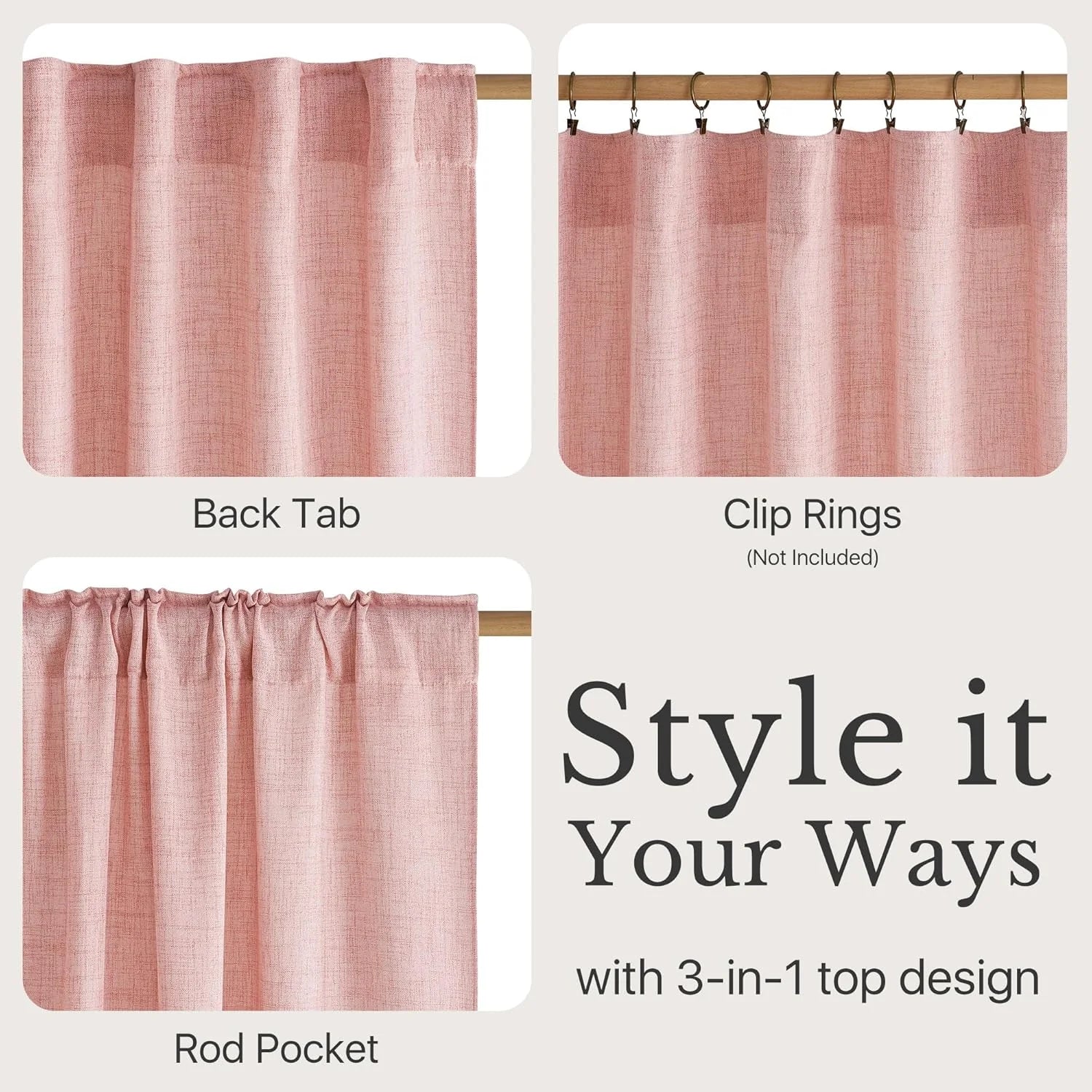 Pale pink textured curtains showing back tab, clip ring, and rod pocket hanging options for versatile styling.