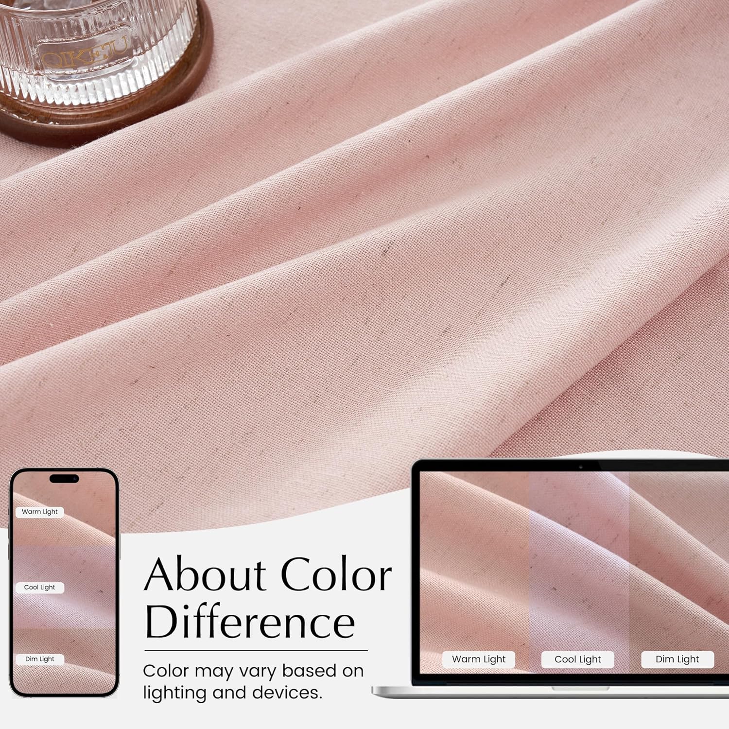 Soft pink textured linen fabric with gentle folds. Shows color differences under warm, cool, and dim light.