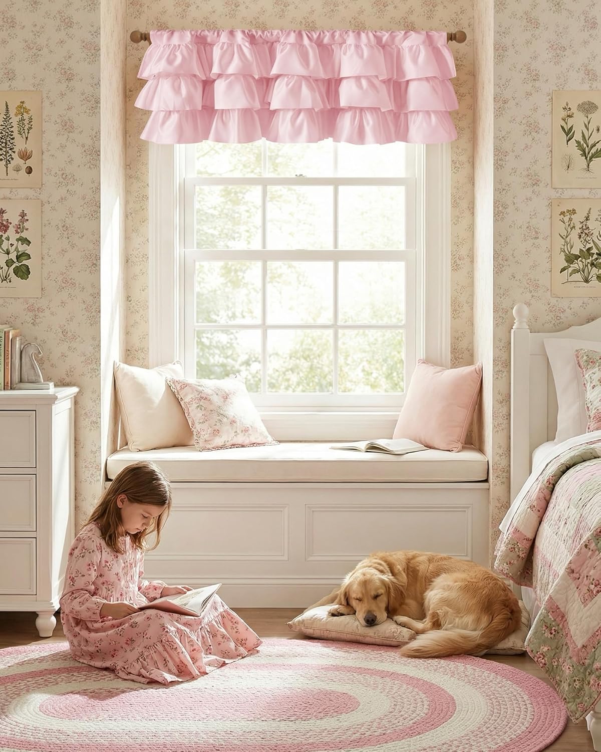 Solid pink tiered ruffled valance adorning a large window in a cozy child's bedroom.