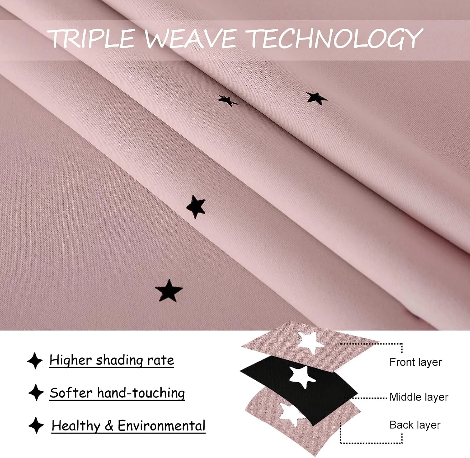 Pink triple weave blackout curtain fabric with soft texture and star cutout detail