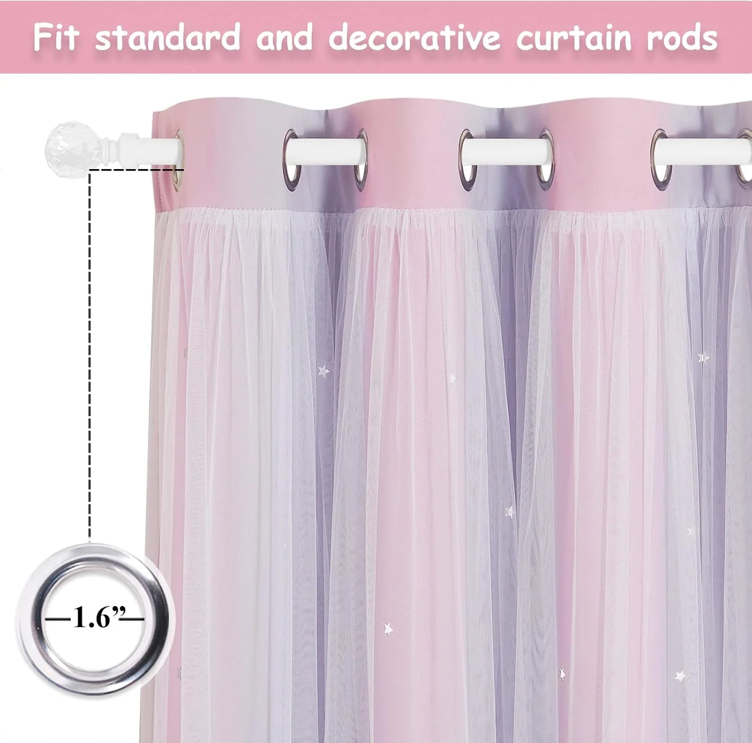 Pink sheer tulle curtain with silver grommets shown on a white decorative rod