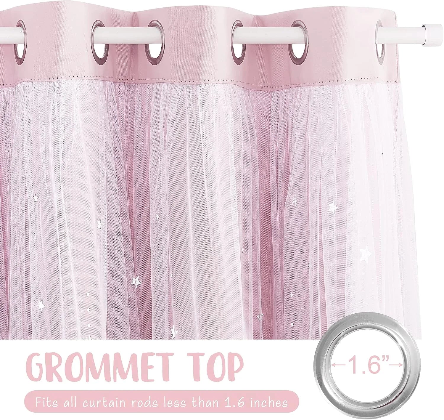 Pink sheer tulle curtain panel with silver grommet top and star details