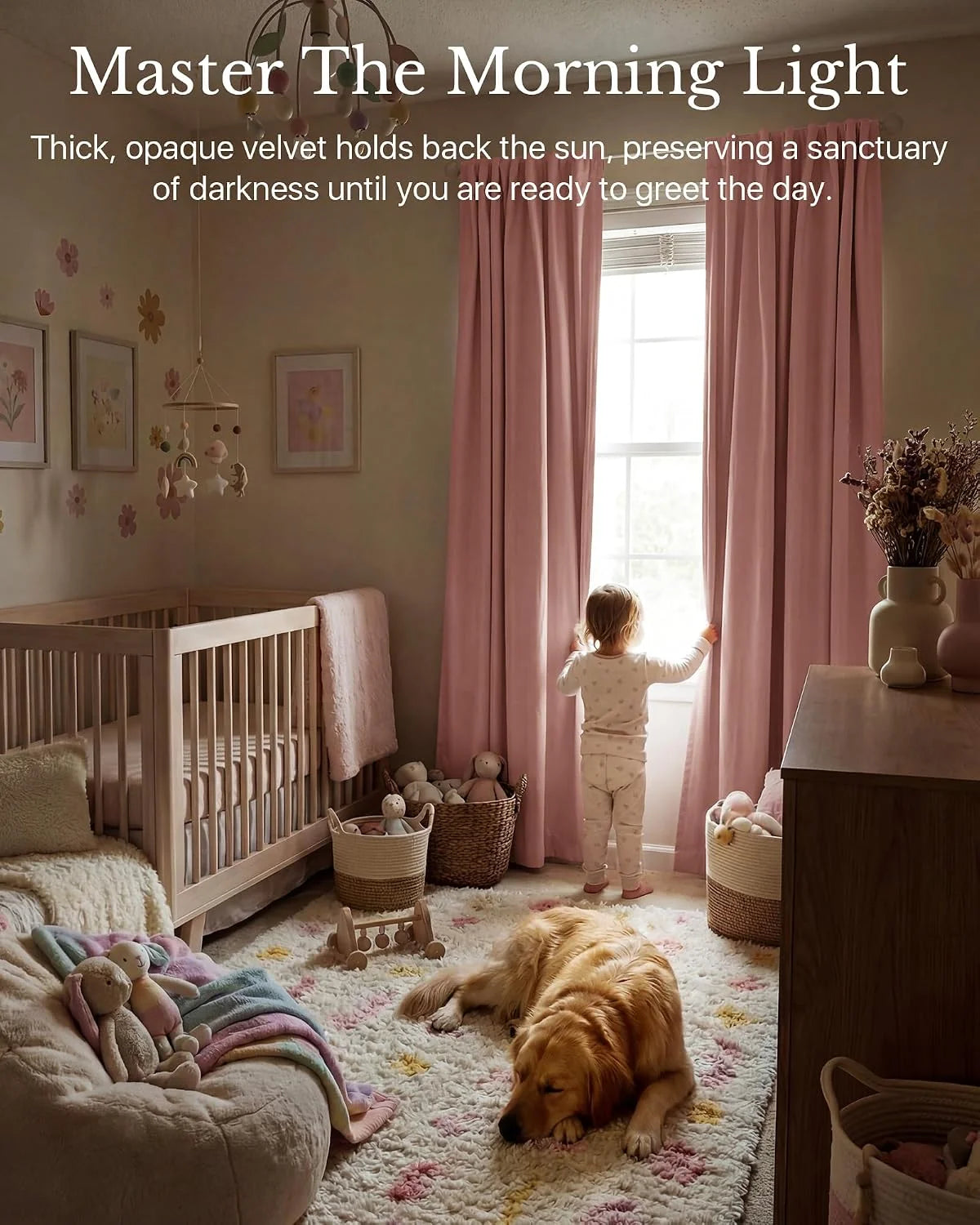 Soft pink velvet blackout curtains in a cozy nursery with crib, toddler, and dog