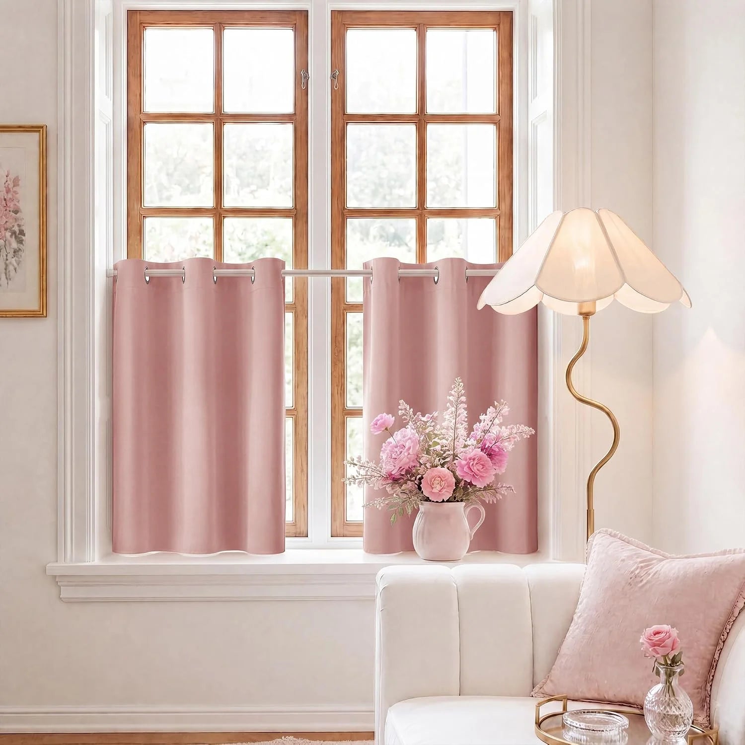 Soft pink velvet cafe curtains with grommet tops in a charming living room window.