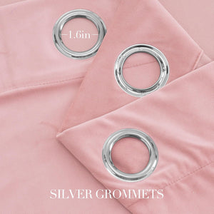 Close-up of pink velvet curtain showing three shiny silver grommets, one with a 1.6-inch diameter