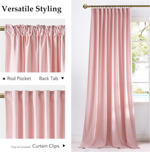 Versatile blush pink drapes showing rod pocket, back tab, and ring clip hanging styles.