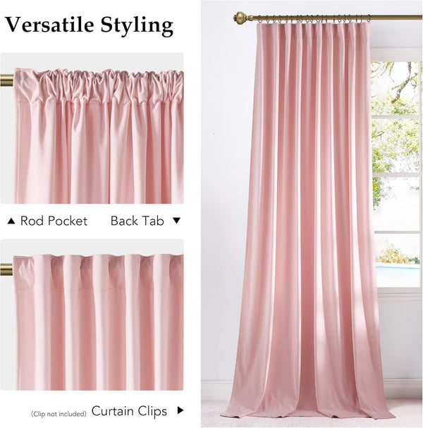 Versatile blush pink drapes showing rod pocket, back tab, and ring clip hanging styles.