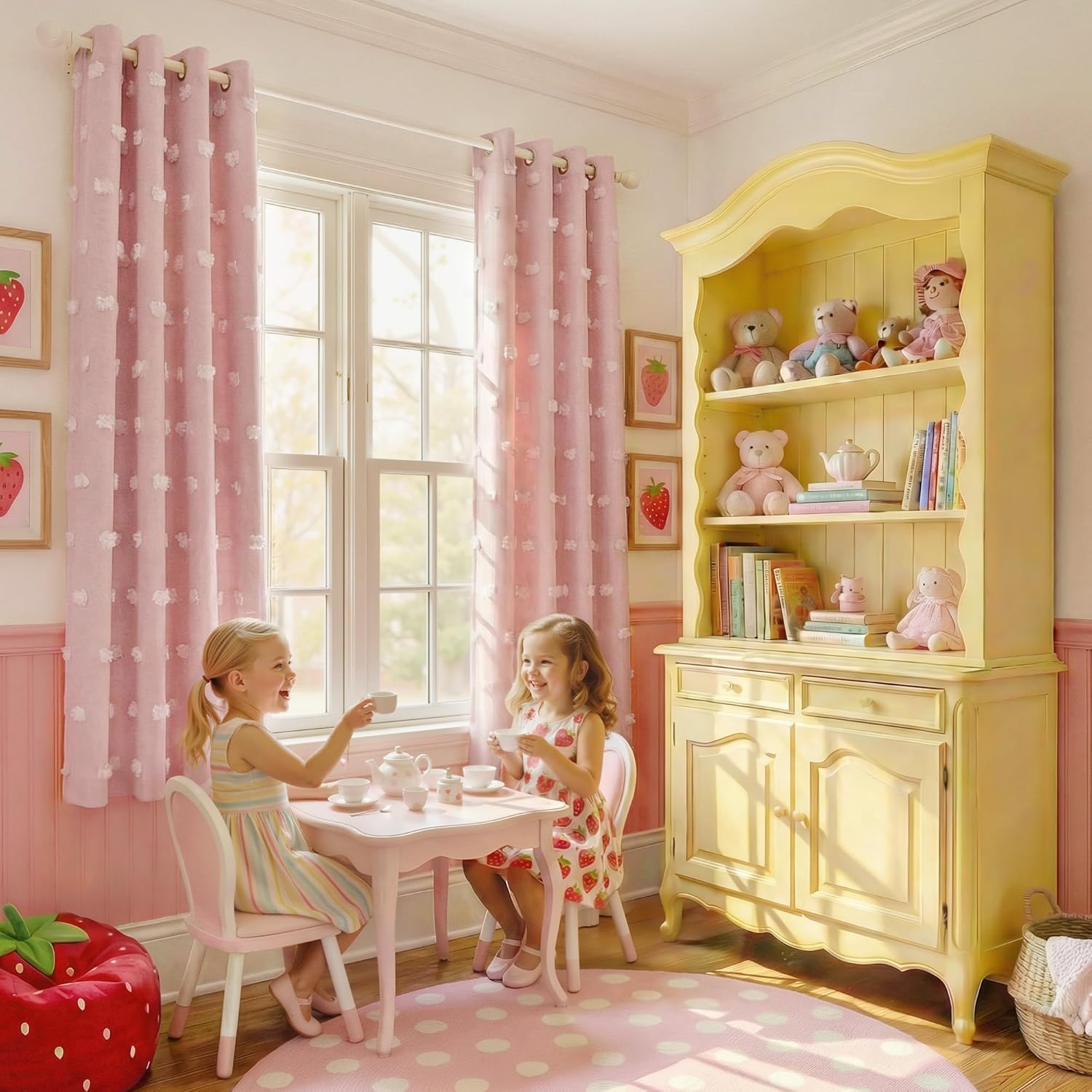 Light pink curtains with white pom-pom texture and grommet tops, brightening a child's room.