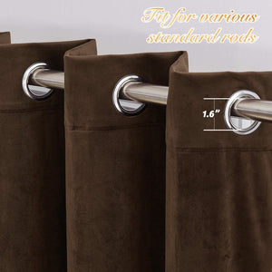 Close-up of rich dark brown plush curtains with silver grommet top, showing a 1.6-inch diameter.