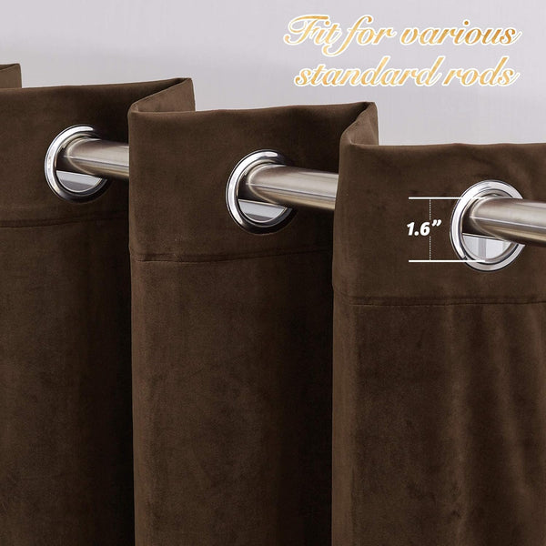 Close-up of rich dark brown plush curtains with silver grommet top, showing a 1.6-inch diameter.