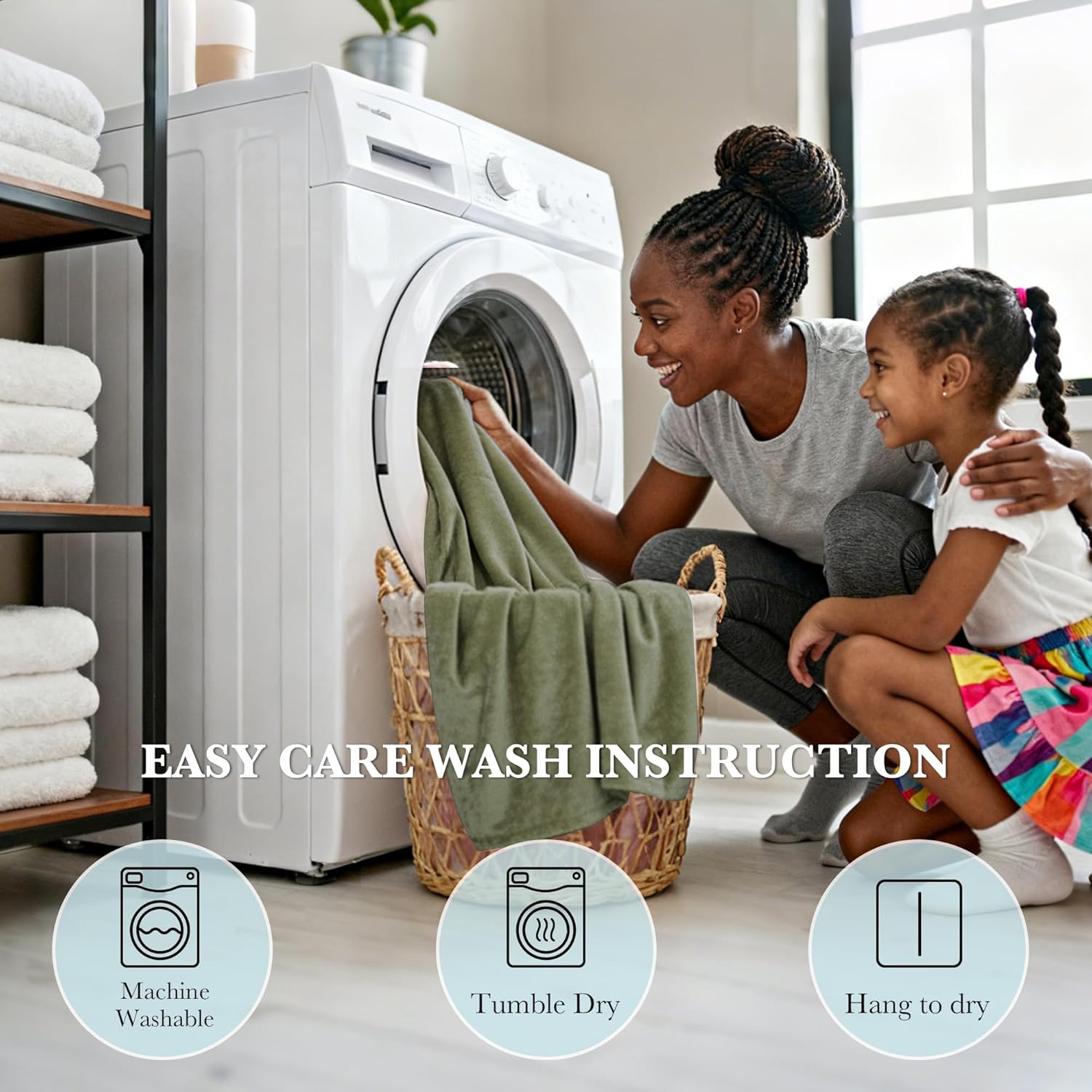 Plush sage green blanket loaded into washer. Care icons show machine wash, tumble dry, hang to dry.