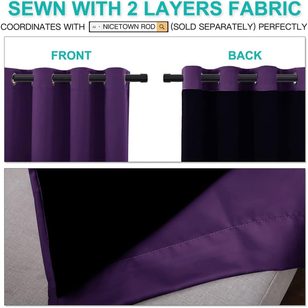 Deep purple double-layered curtain with black backing, featuring a grommet top for hanging.