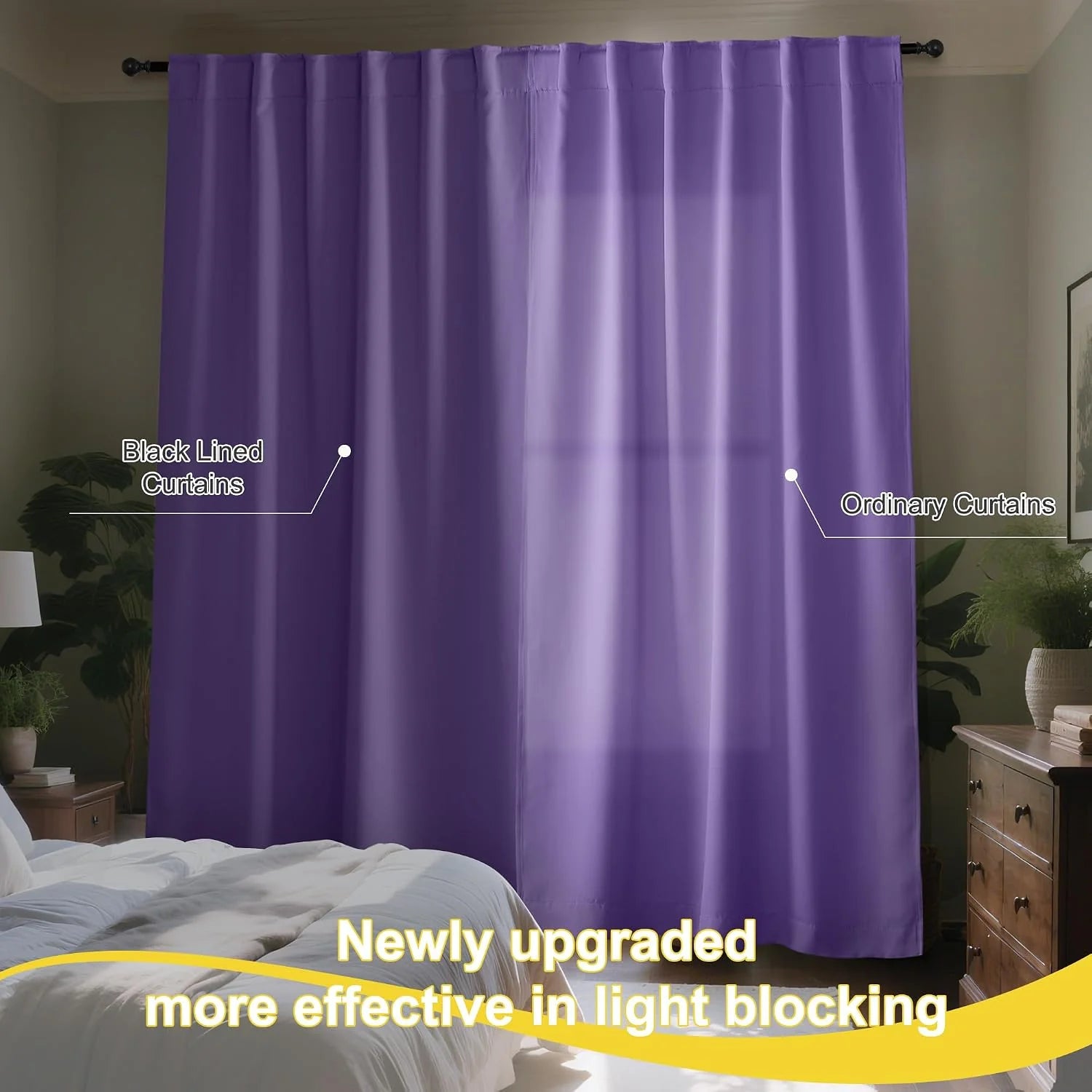 Purple black-lined blackout curtains in a bedroom, shown blocking more light