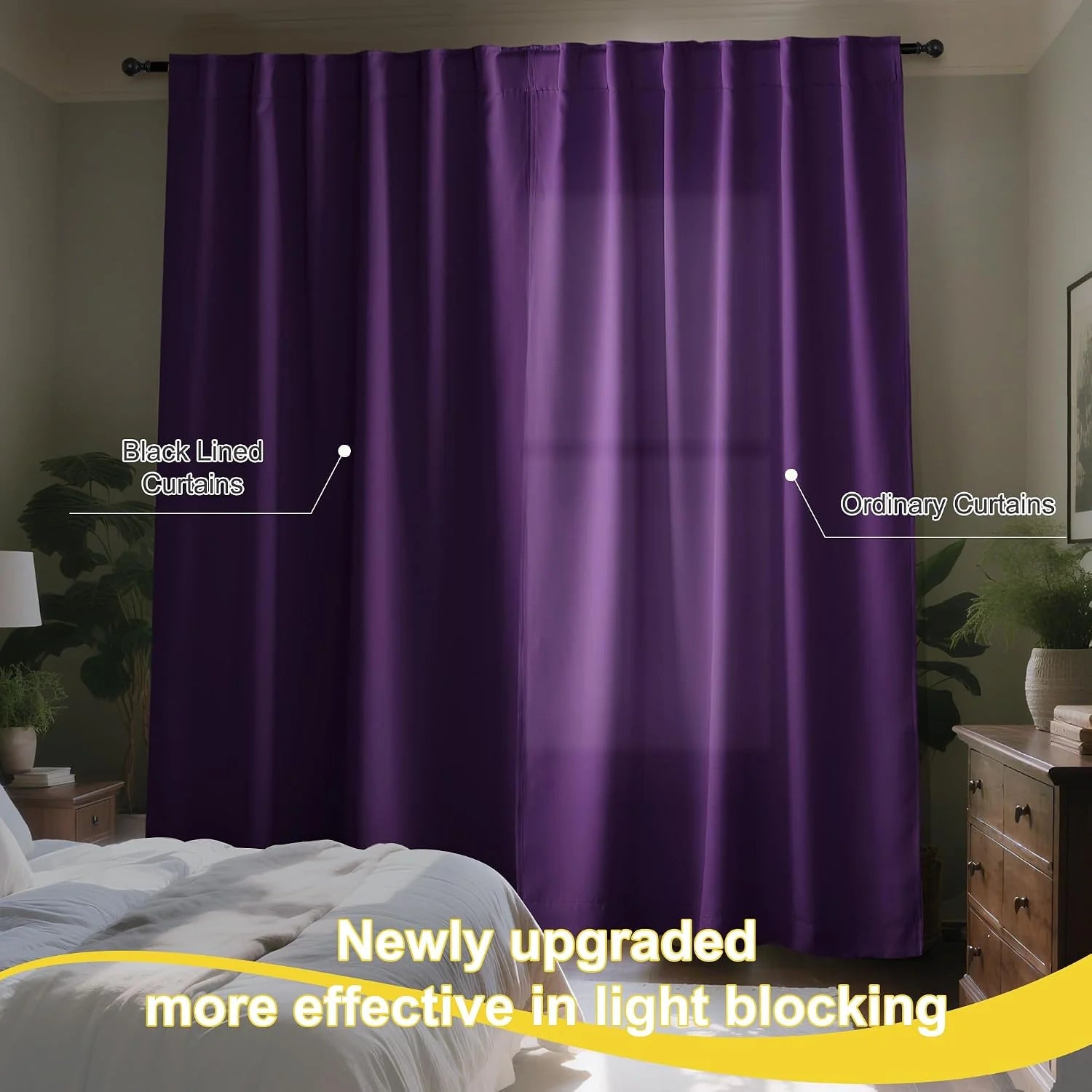 Purple black-lined blackout curtains in a bedroom showing improved light blocking