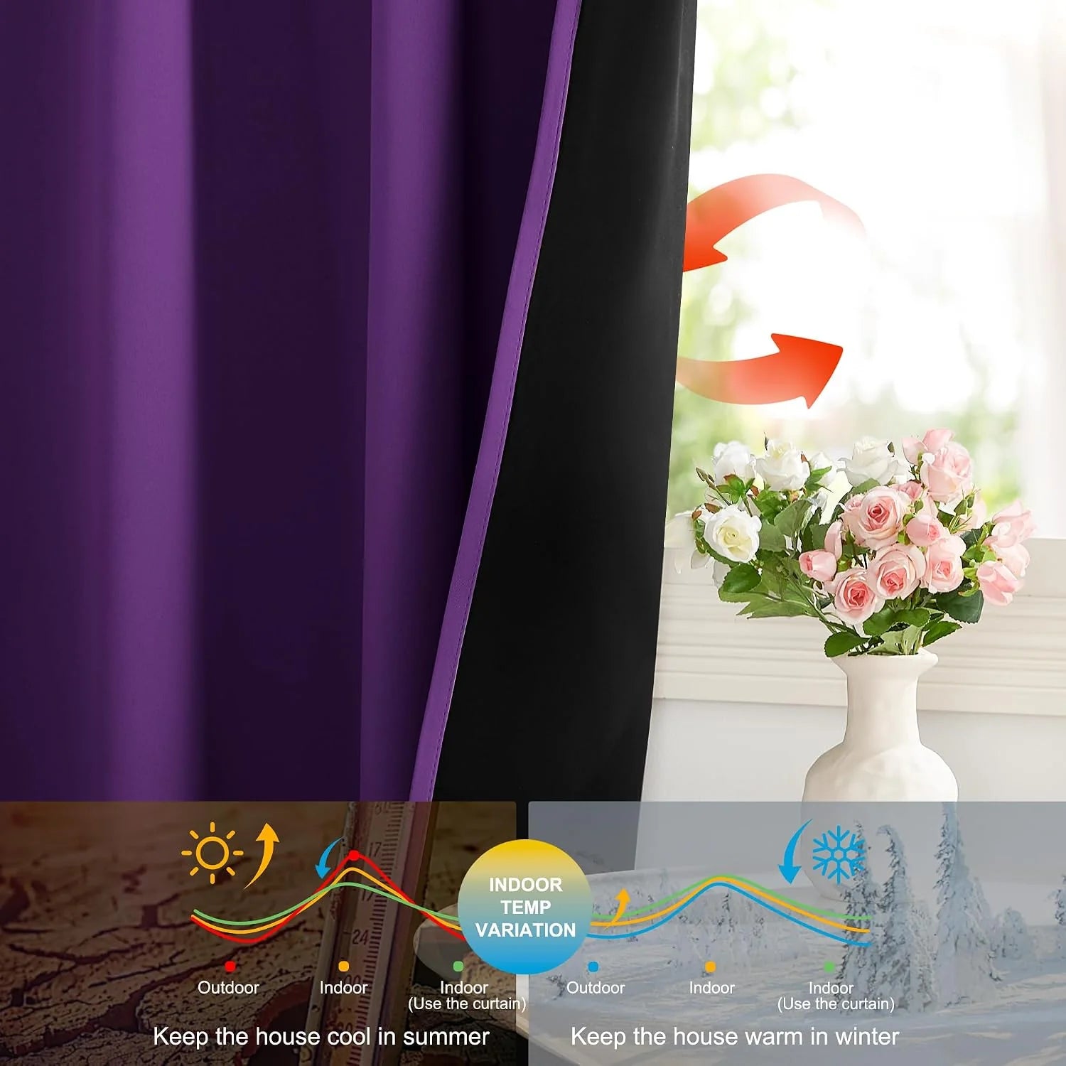 Purple and black thermal blackout curtain panel by a bright window with flower vase