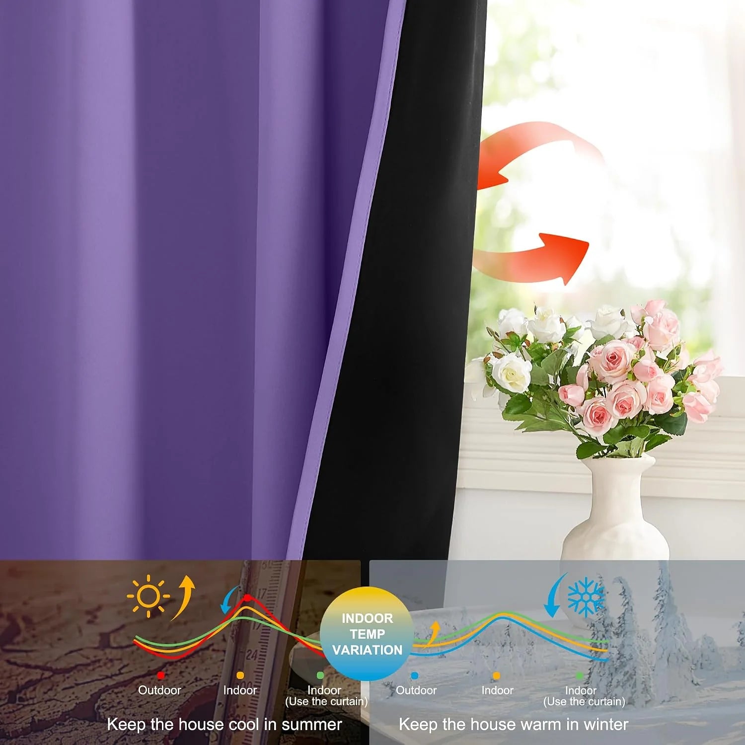 Purple blackout curtain with black thermal lining beside a bright window and flower vase