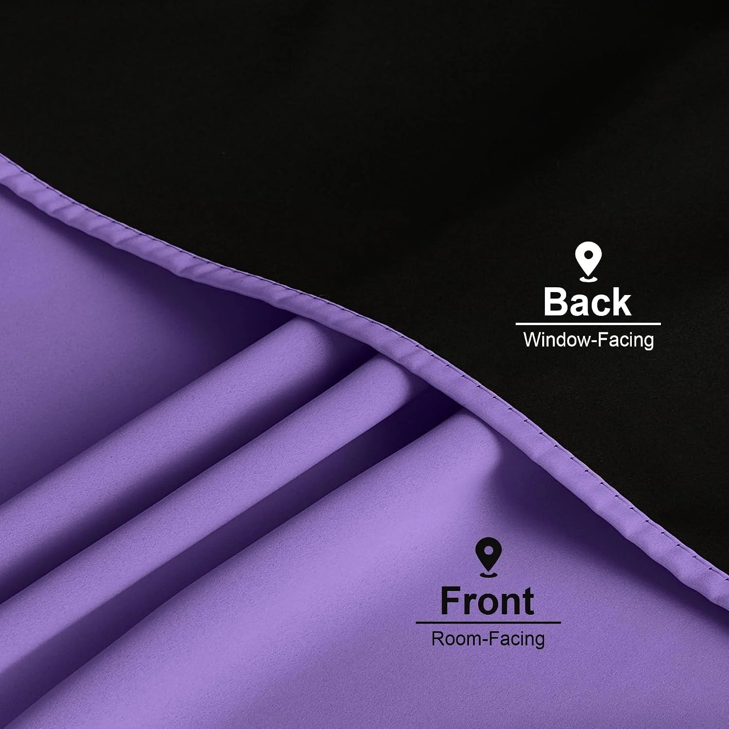 Purple blackout curtain fabric showing front room-facing side and black back lining
