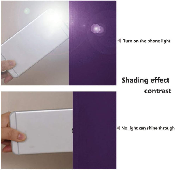Visual demonstration of purple blackout fabric. Top shows light, bottom shows no light from phone flashlight.