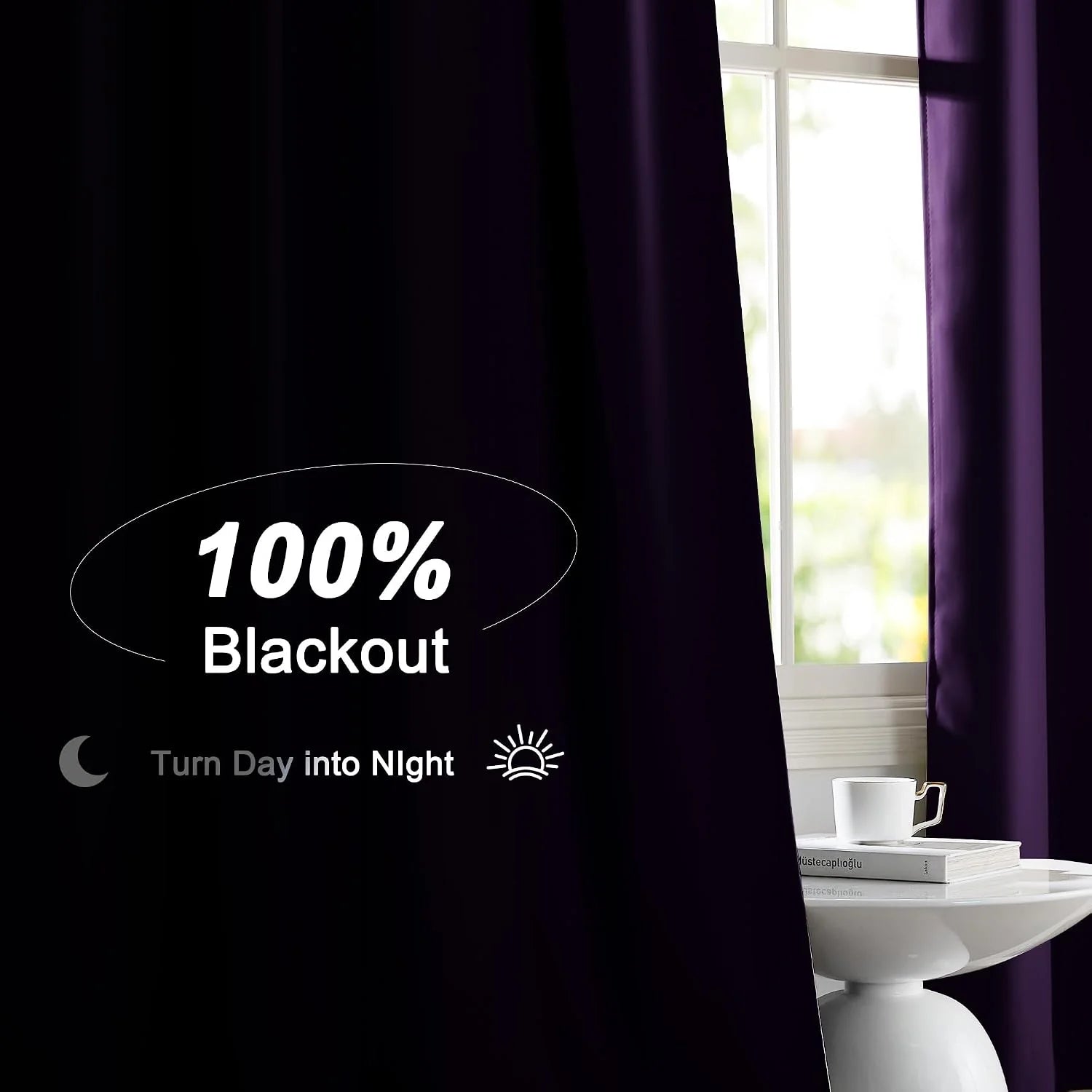 Deep purple blackout curtains framing a bright window beside a white side table