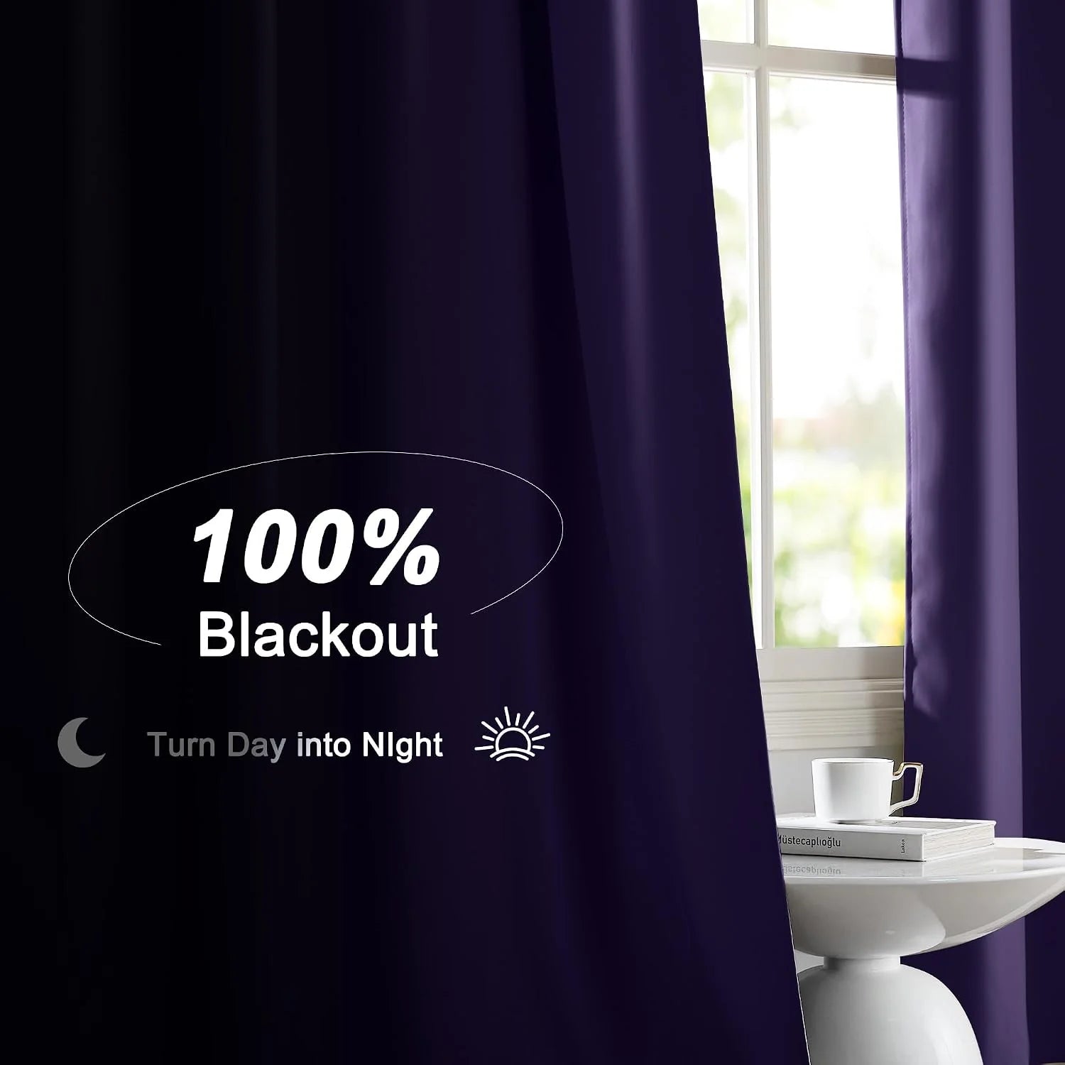 Dark purple blackout curtains framing a bright window beside a white side table