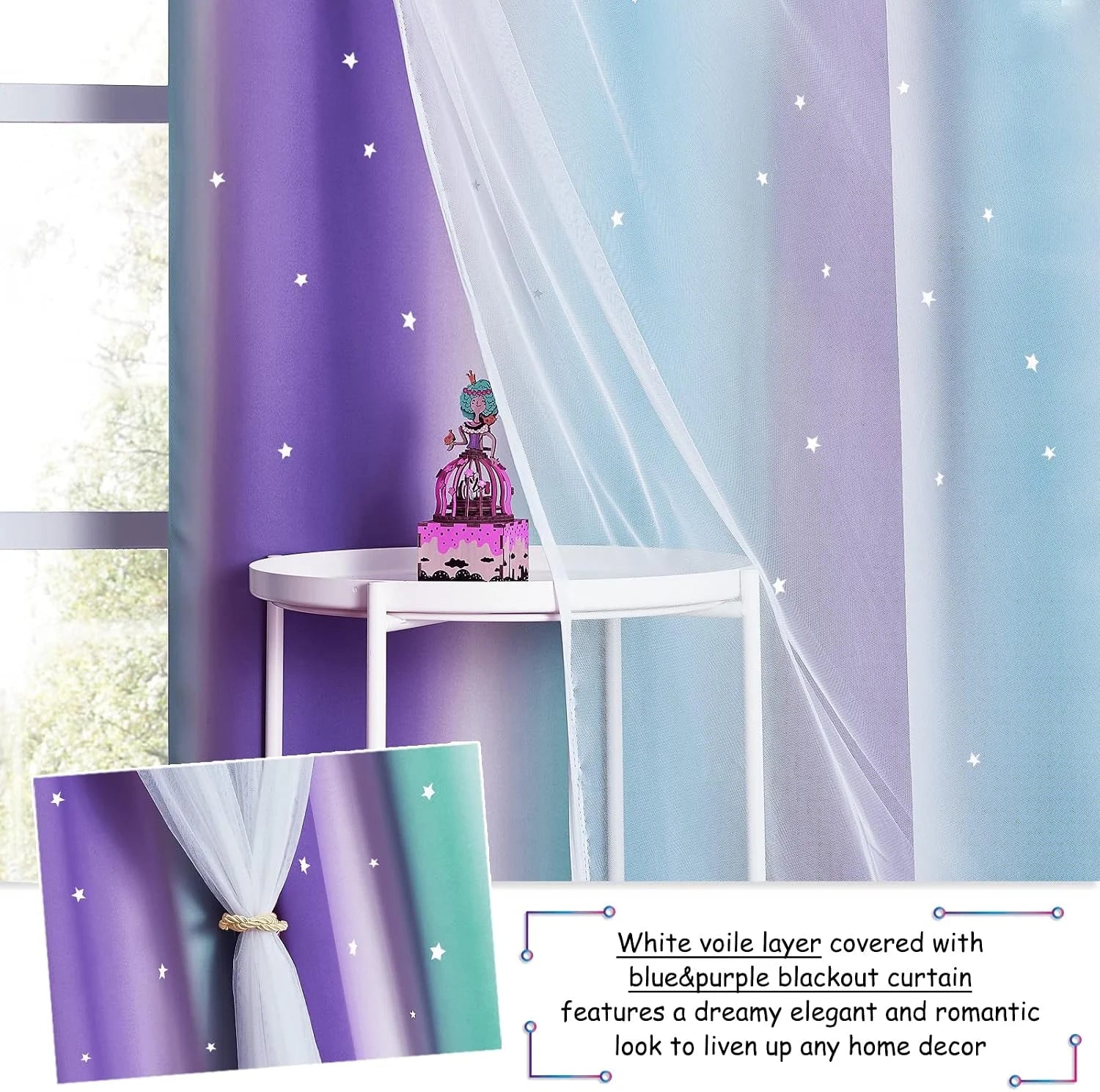 Purple and blue ombre blackout curtains with white voile layer and star pattern