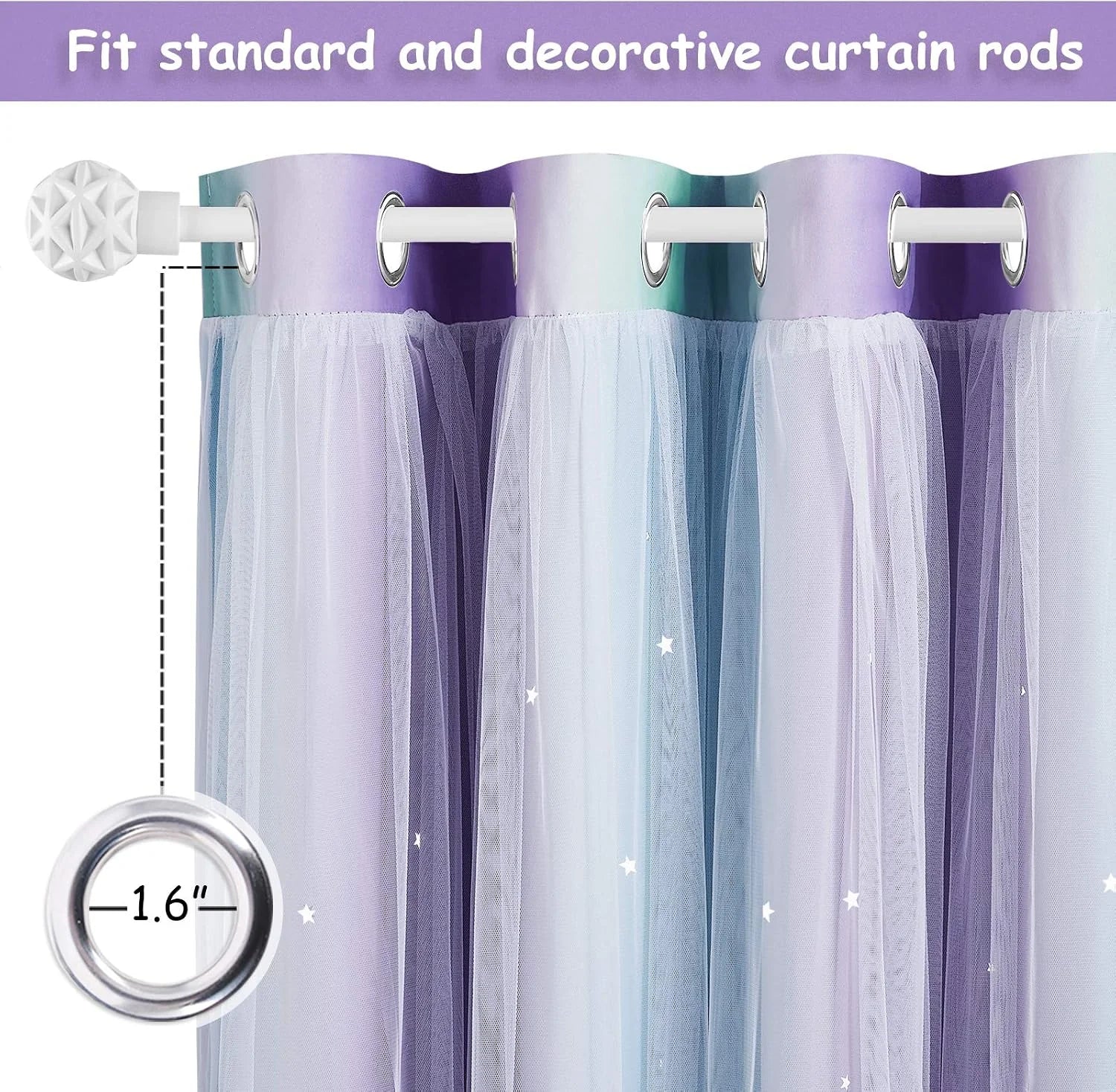 Purple and blue sheer curtains with silver grommets on a white curtain rod