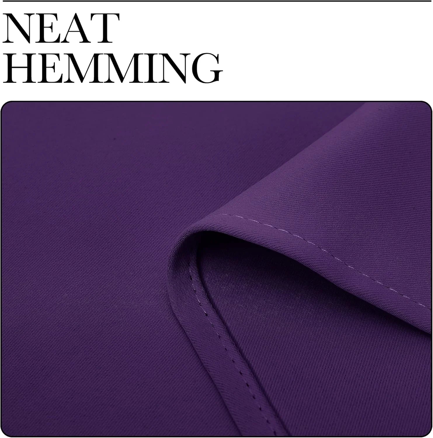 Close-up of purple curtain fabric with a neatly stitched hem and smooth texture