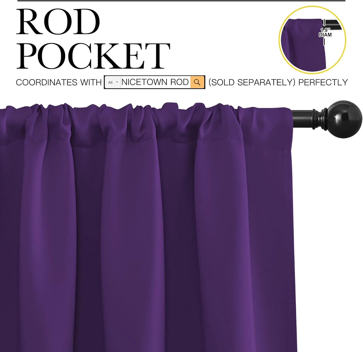 Close-up of a vibrant purple curtain with a rod pocket on a black rod. Detail shows 1.9-inch rod diameter.