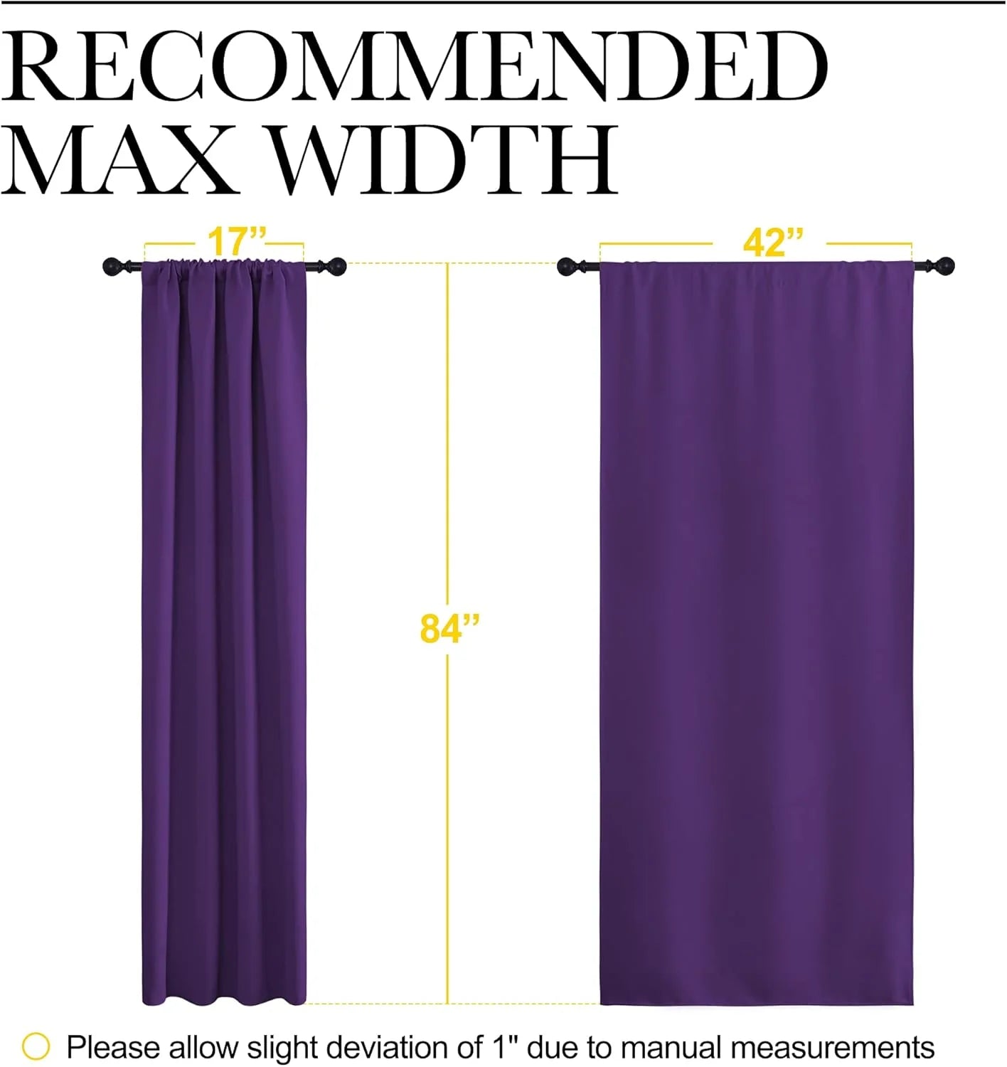 Graphic illustrating two purple curtains with recommended width measurements: 17, 42, and 84 inches length.