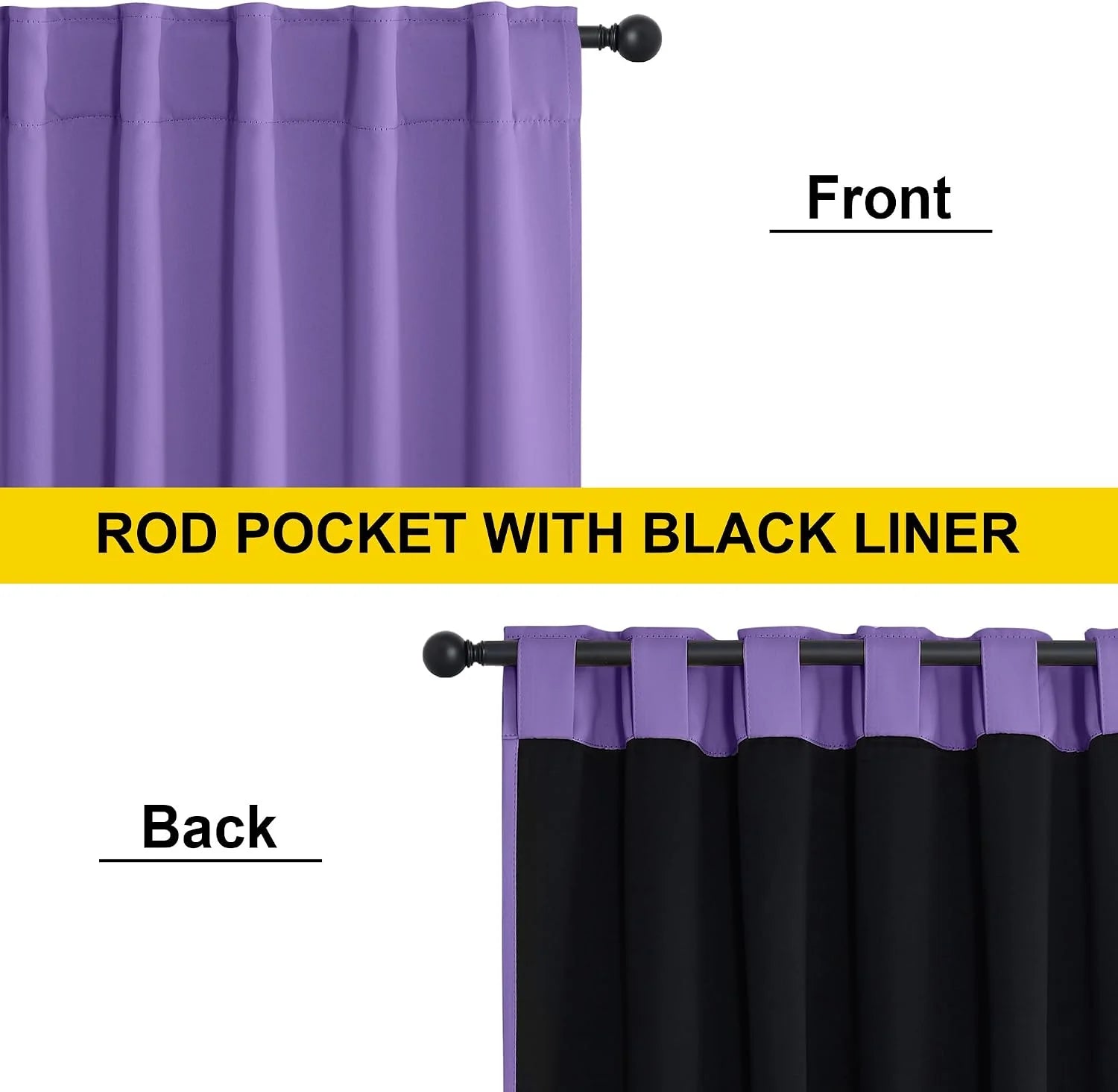 Purple rod pocket blackout curtain panel with black liner shown front and back