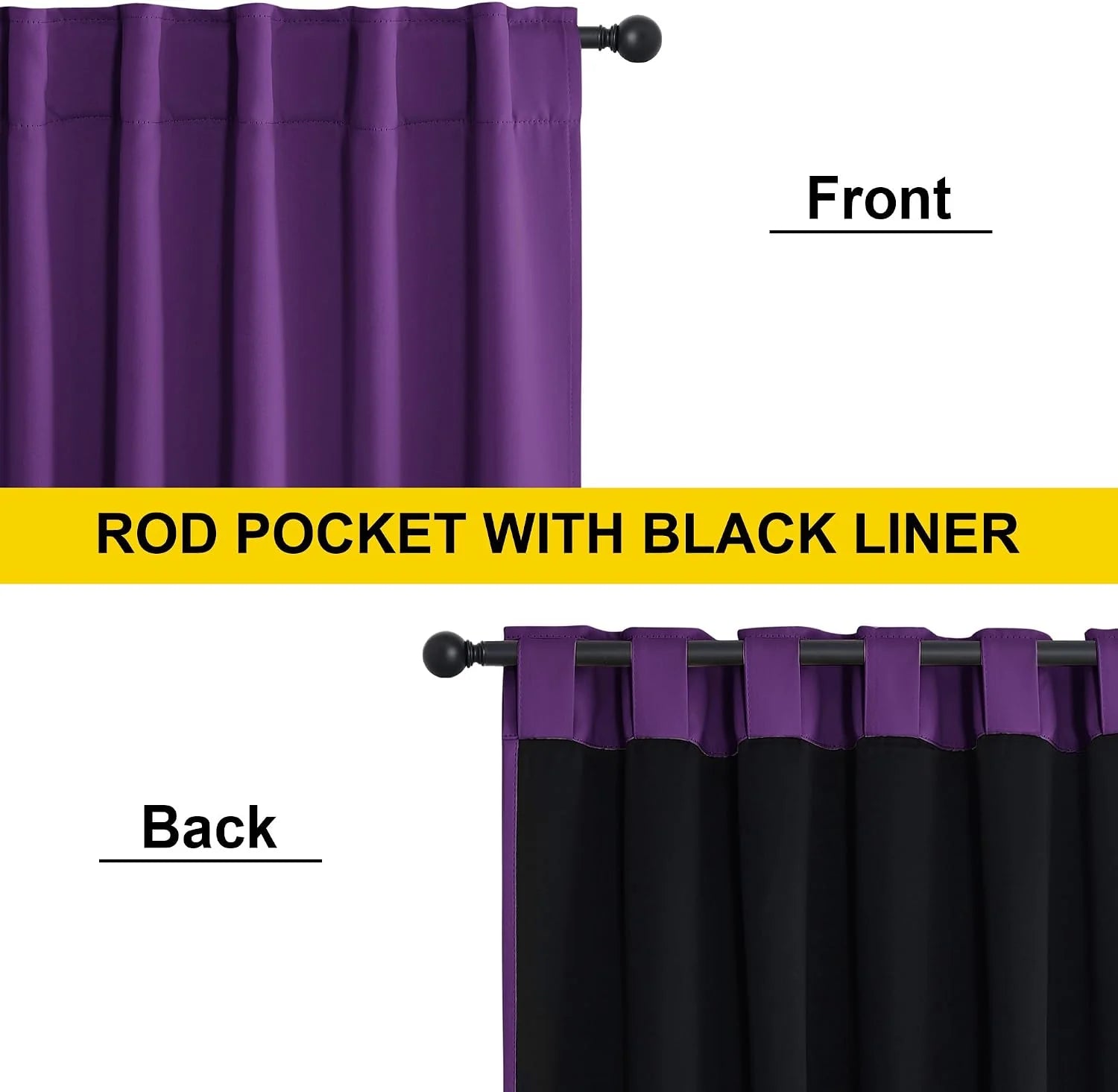 Purple rod pocket blackout curtain panel with black liner shown front and back