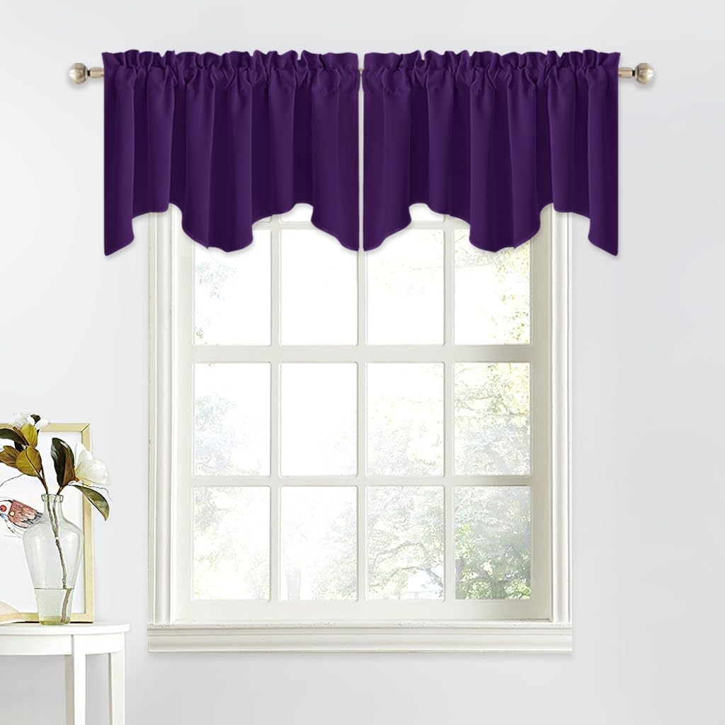 Deep purple scalloped valance curtains with gathered rod pocket, hanging above a white-framed window.