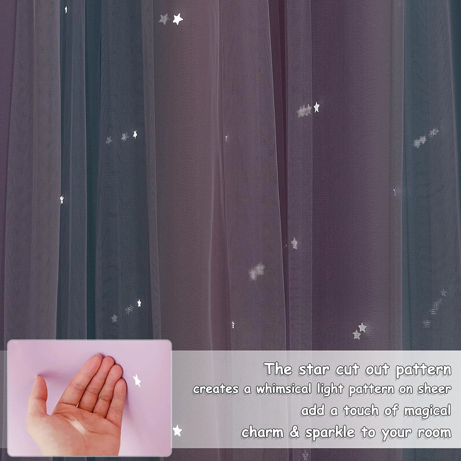 Purple sheer curtain with scattered star cutouts creating soft light patterns