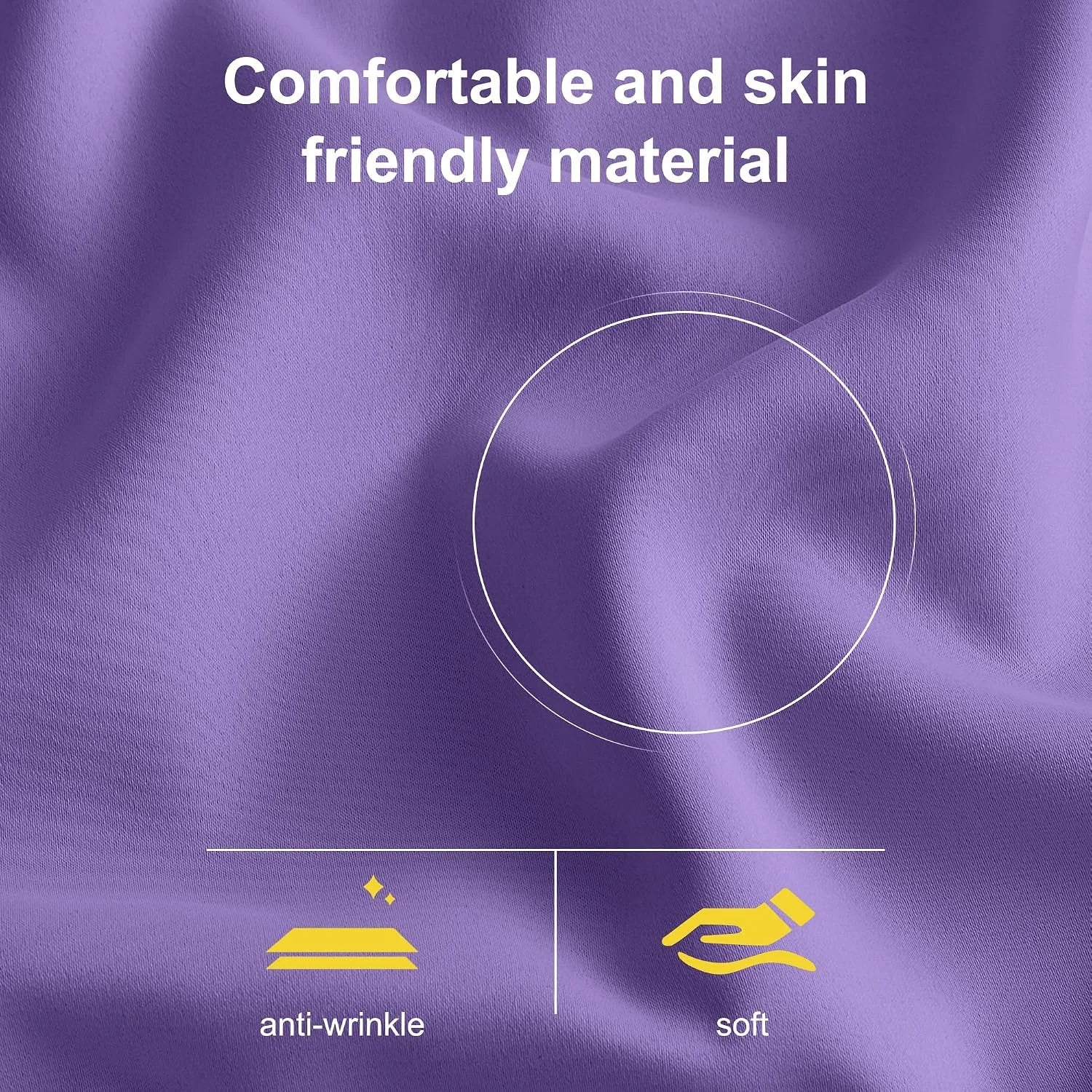 Close-up of smooth purple fabric with text highlighting soft, skin-friendly, anti-wrinkle material