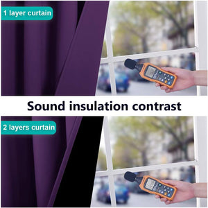 Purple soundproof curtain comparison. One layer vs two layers with sound meter showing noise reduction.