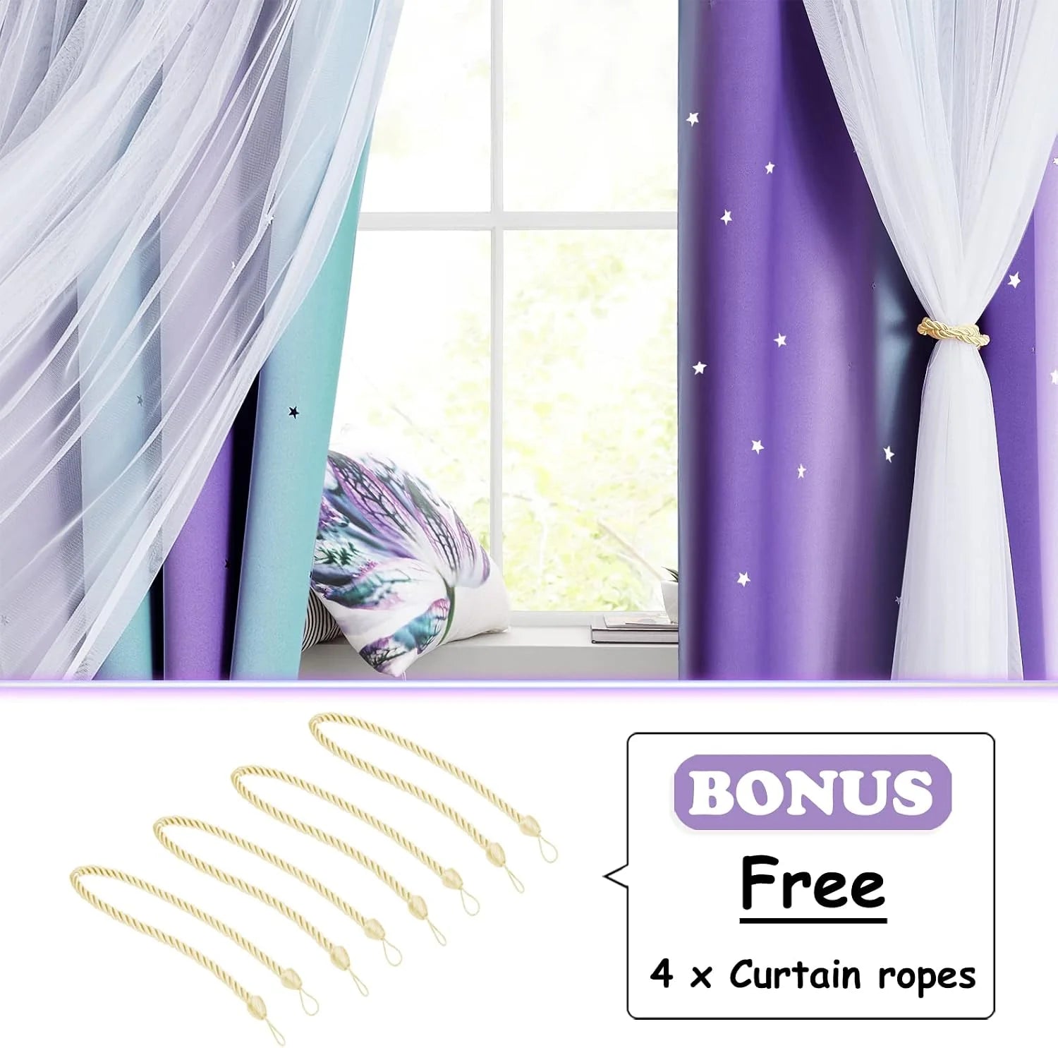 Purple star blackout curtains with white sheer panels and gold tiebacks by a bright window