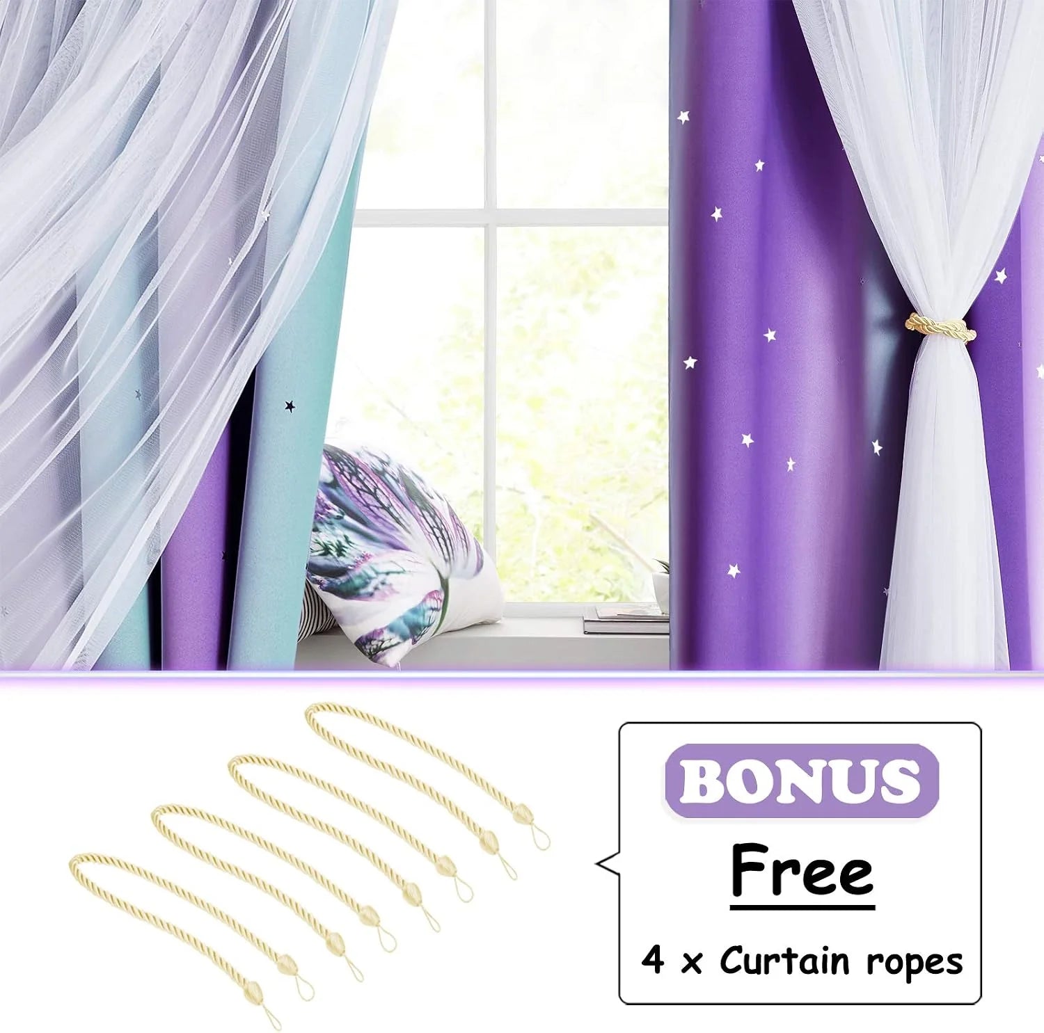 Purple star print blackout curtains with white sheer panels and tiebacks by a window