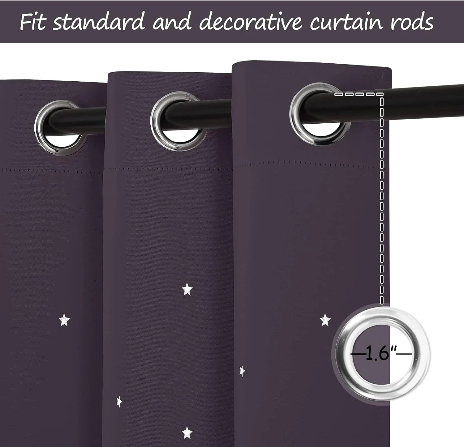 Purple curtain panel with silver grommets and white star pattern on black rod