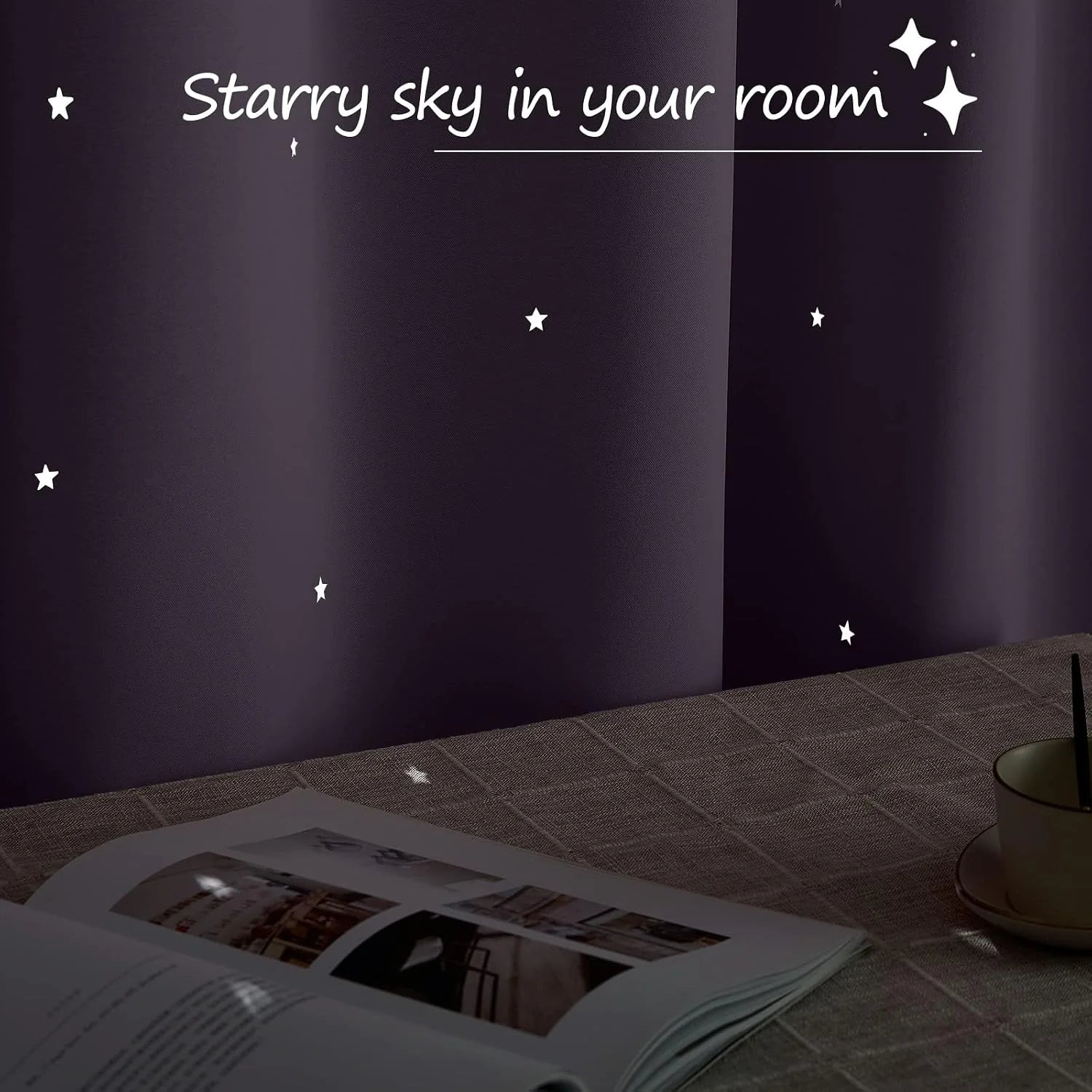 Dark purple blackout curtains with glowing star pattern in a cozy room setting