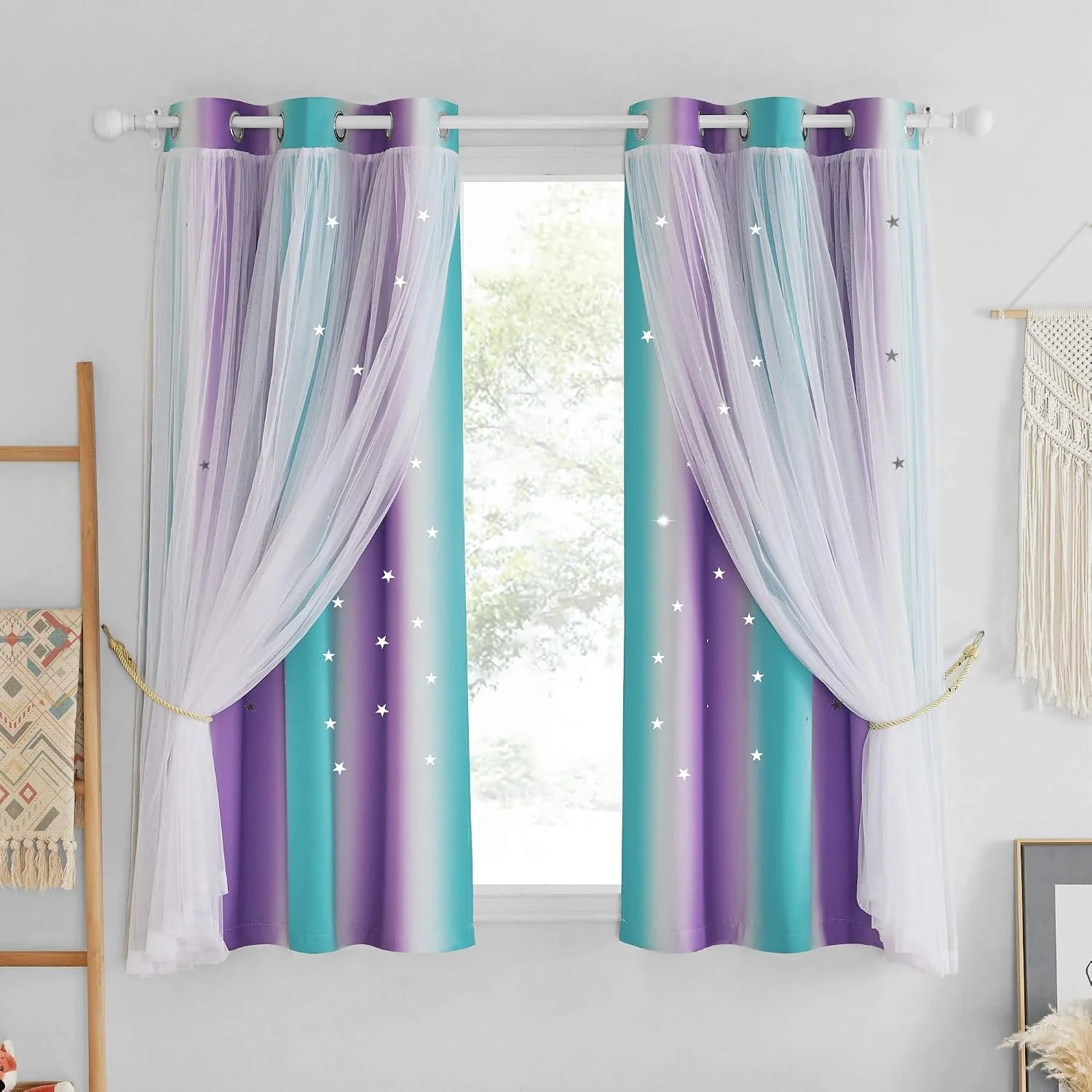 Purple and teal gradient curtains with white sheer overlay and star print