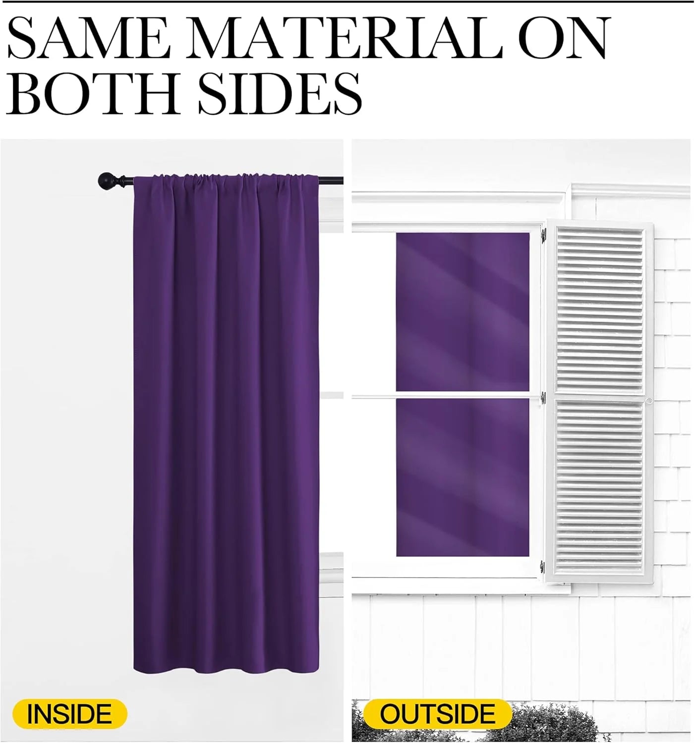 Purple curtain panel shown inside and outside, highlighting same material on both sides