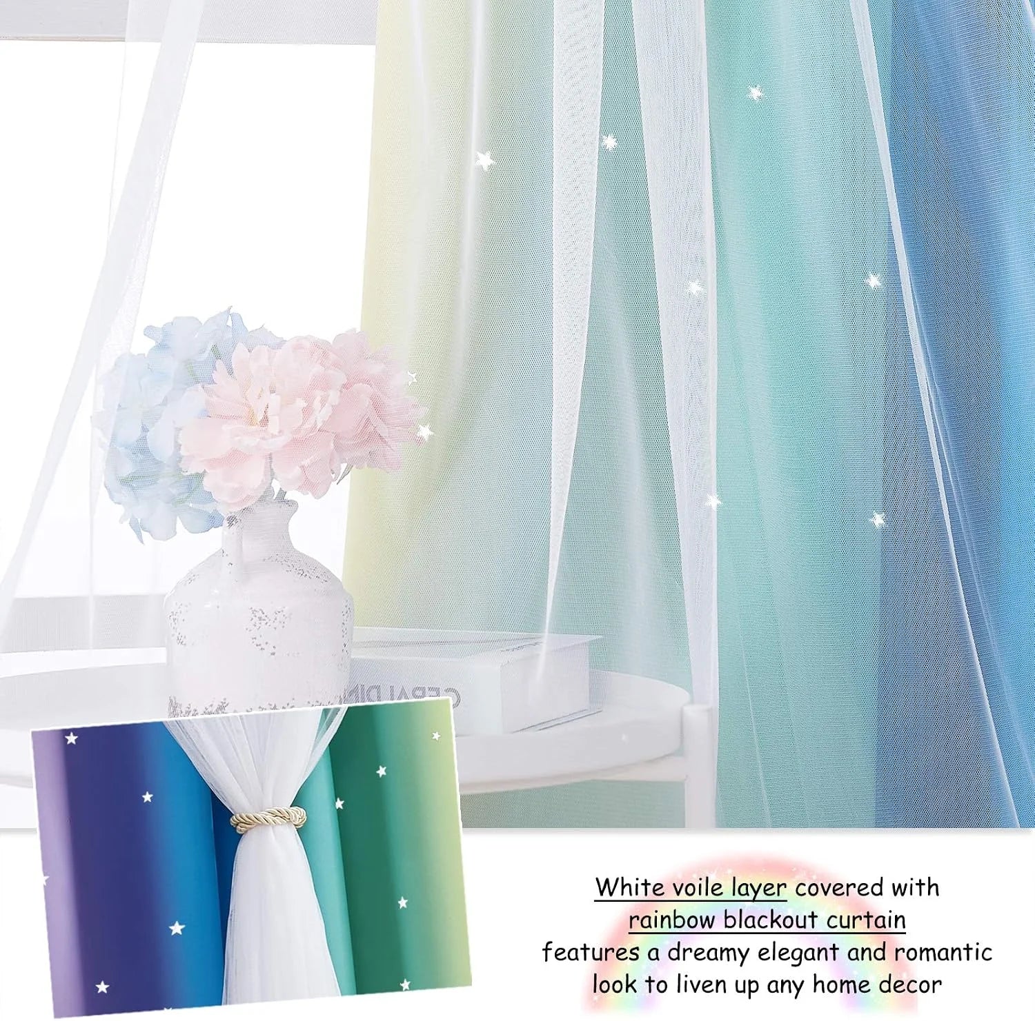 White voile curtain layered over rainbow blackout drapes by a bright window