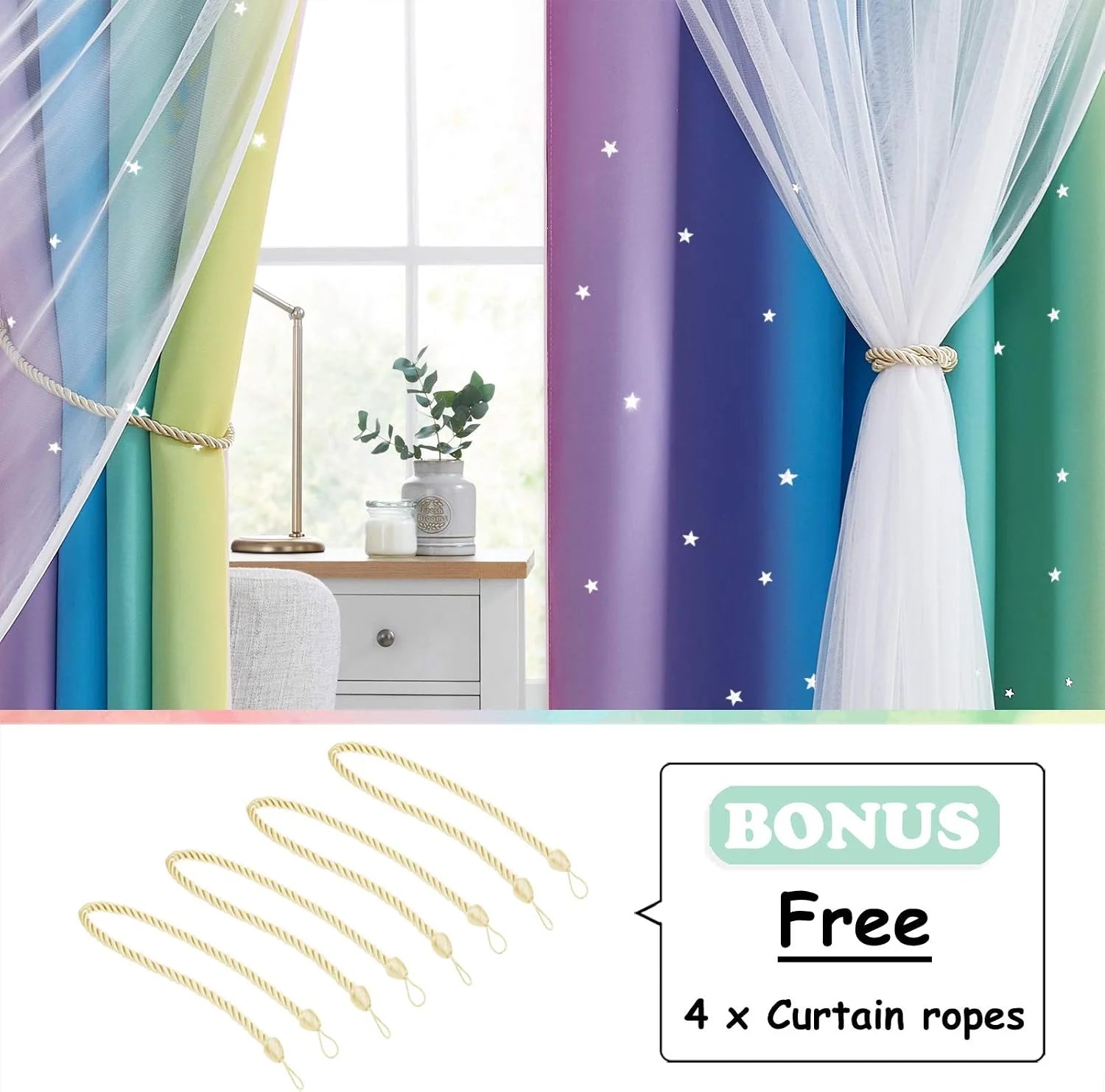 Rainbow gradient curtains with white sheer overlay and star print in a bright room