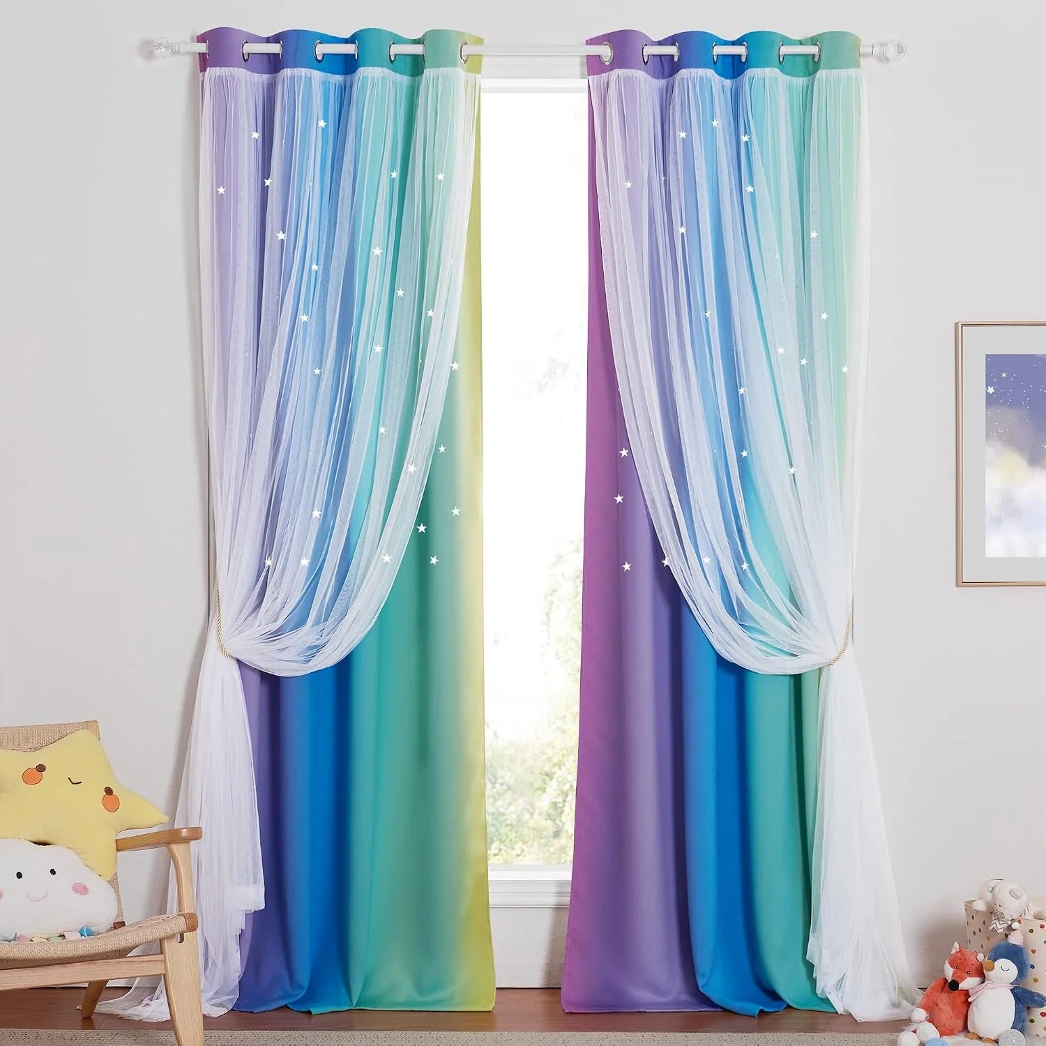 Rainbow gradient kids curtains with white sheer overlay and star details on a window