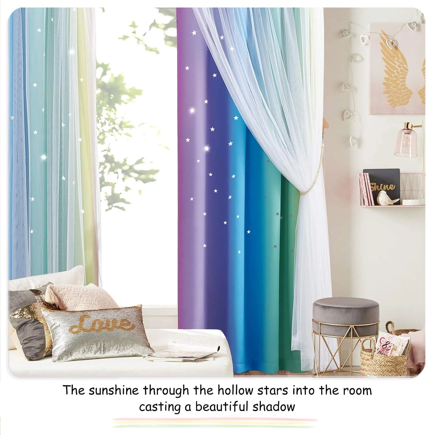 Rainbow gradient blackout curtains with star cutouts and white sheer panels in a bright bedroom